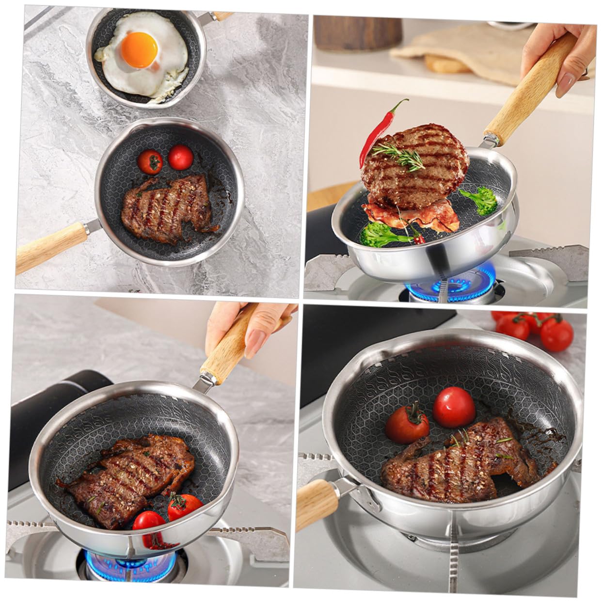 POPETPOP Padella Antiaderente in Acciaio Inox Padella per Uova e Bistecche Fondo Piatto per Distribuzione Calore Uniforme Comodo Manico per Presa Salda Leggera e Portatile
