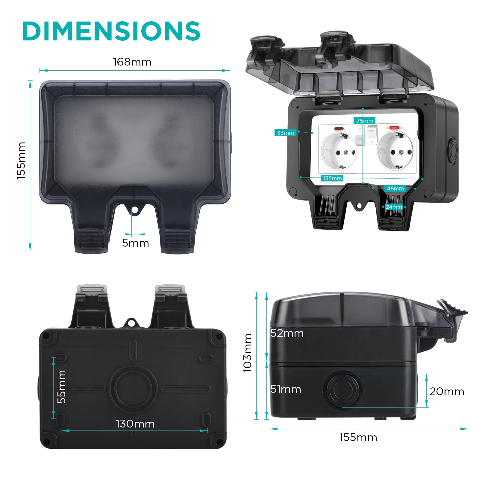 Presa esterna Presa impermeabile esterna IP66 con interruttore spia luminosa,Presa esterna sporgente Giardino esterno Presa a muro con coperchio pieghevole bloccabile doppia presa nera
