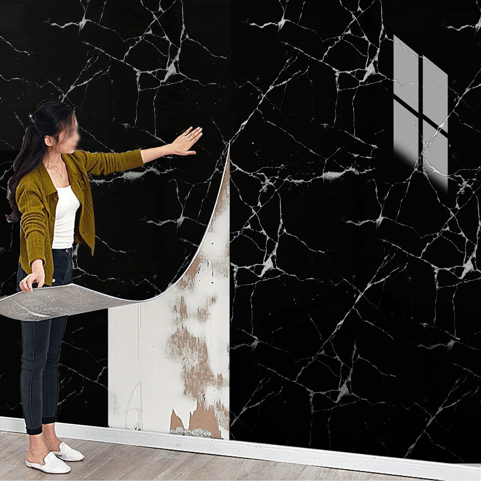 Tarwanear Marble Tile Stickers 300cm x 40cm 1 Roll Self Adhesive Wall Tiles Bathroom Waterproof Peel and Stick Wall Moulding Panels PVC Stick on Tiles for Home Decor Kitchen, Black — image 1