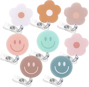 Whaline 8Pcs Light Boho Flower and Smile Acrylic Retractable Badge Holder with Clip Colorful Round ID Badge Reel Name Tag for Office Hospital Nurse Doctor Teacher Favor | Light Boho, Round, ID Badge Reel Name Tag, for Office Hospital Nurse Doctor Teacher Favor