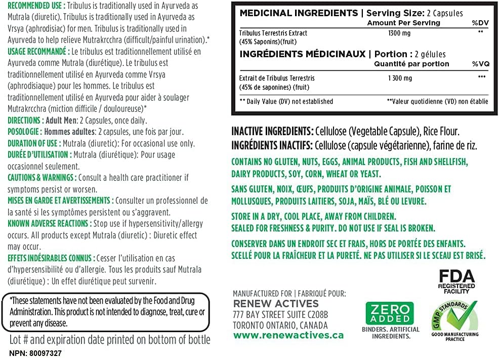 Renew Actives Tribulus Terrestris Extract: 1300mg Tribulus Powder Supplement with 45% Saponins - Energy and Performance for Men - Vegan Tribulus Herbal Supplements - 120 Capsules : Health & Household