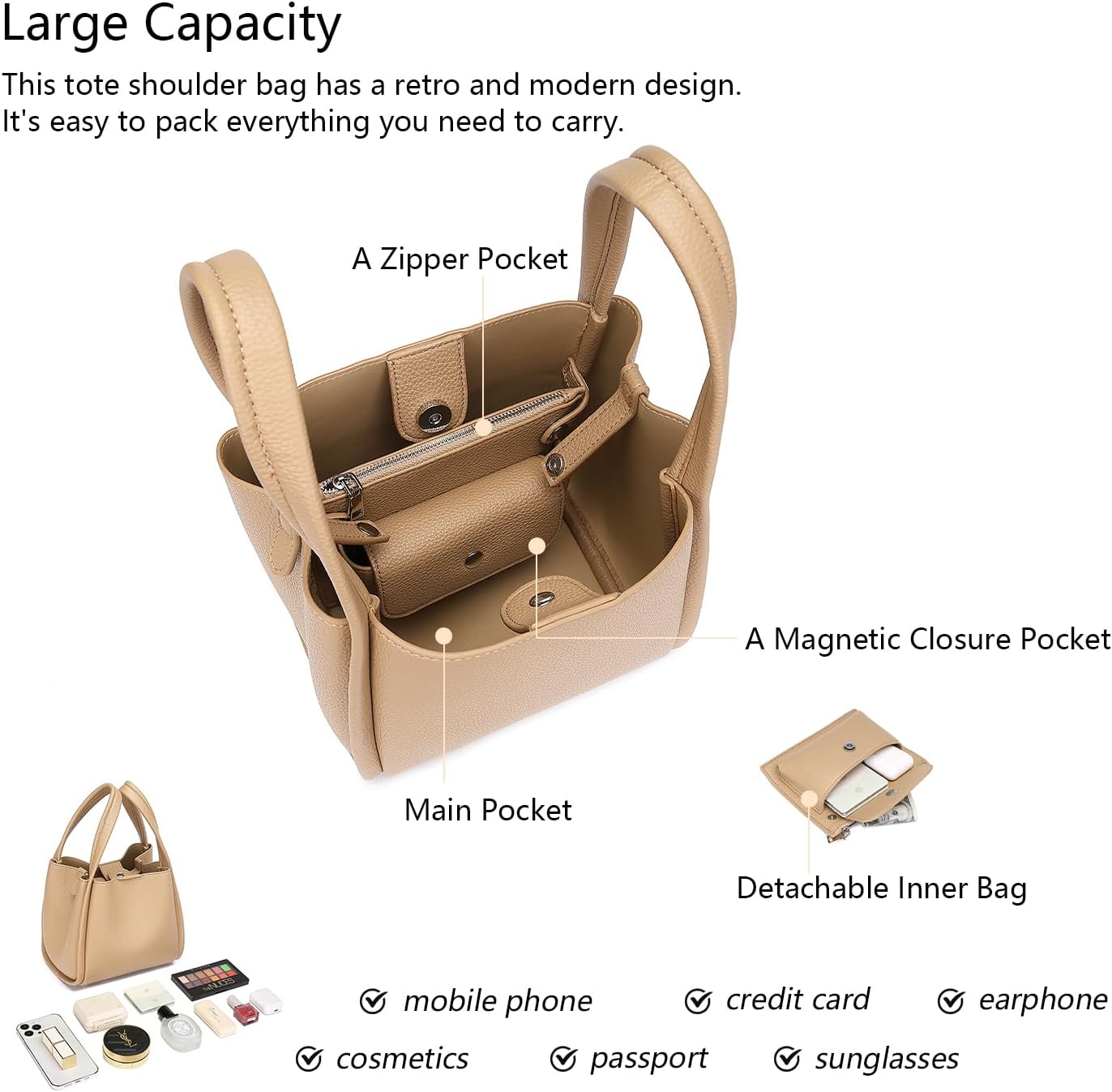 PU Leather Tote Bag Slouchy Handbag with Zipper Stylish for Women's - Image 6