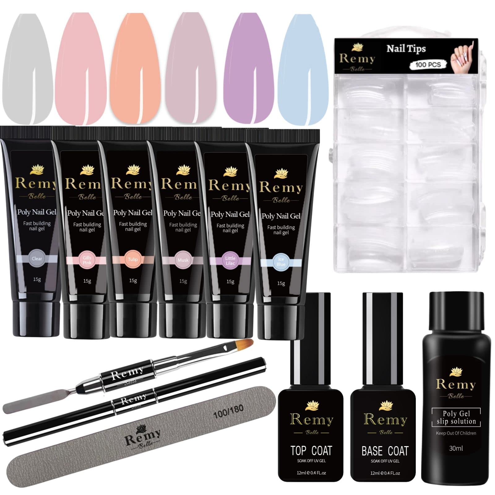 Remy Belle Poly Nail Gel Acrylic Kit - 6 Colors with Slip Solution top base coat All One Kit for Nail Manicure DIY at Home (Assorted)