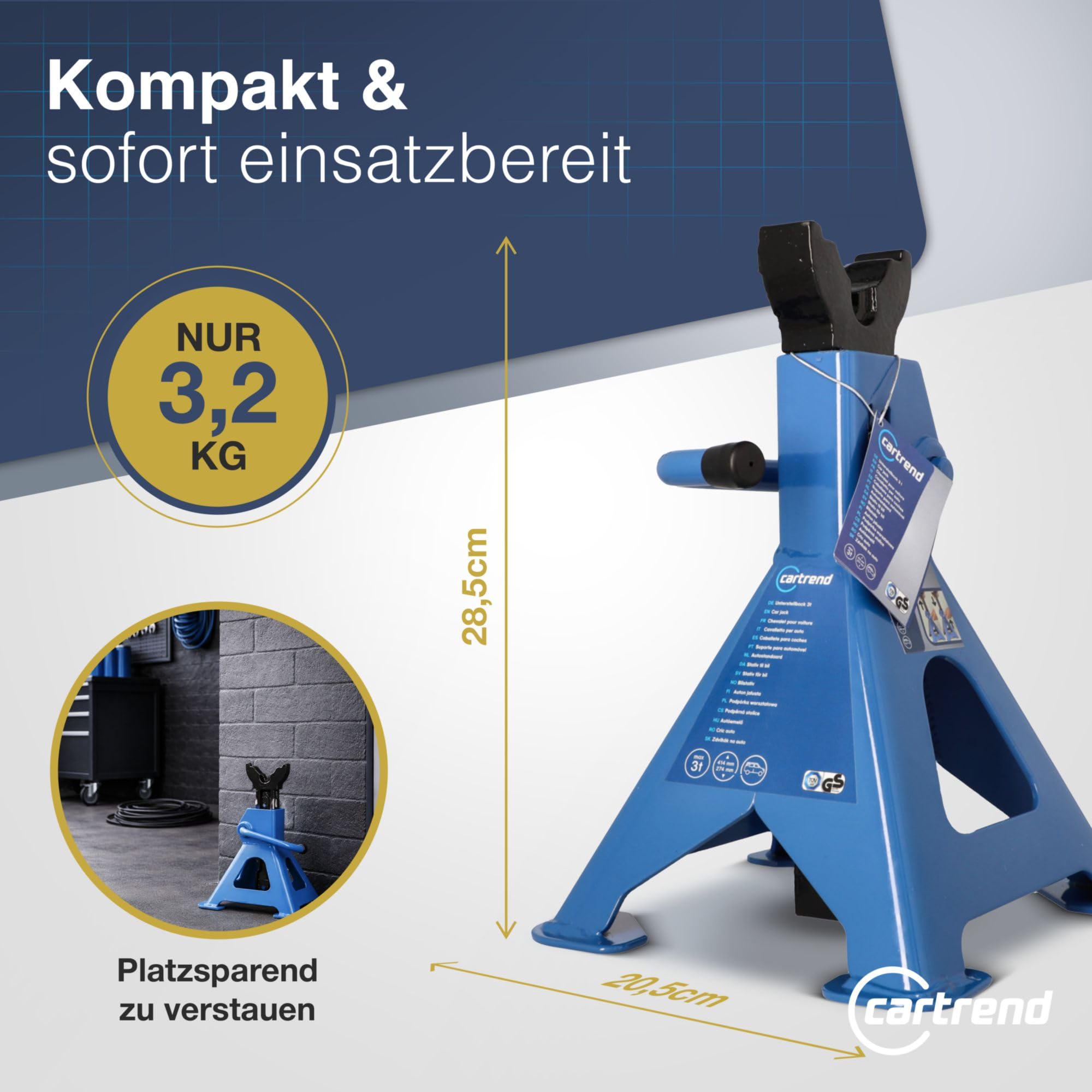 CARTREND Unitec 10889 Profi 3 tonnes de sécurité réglables en Hauteur pour Voiture Bleu 3000 kg