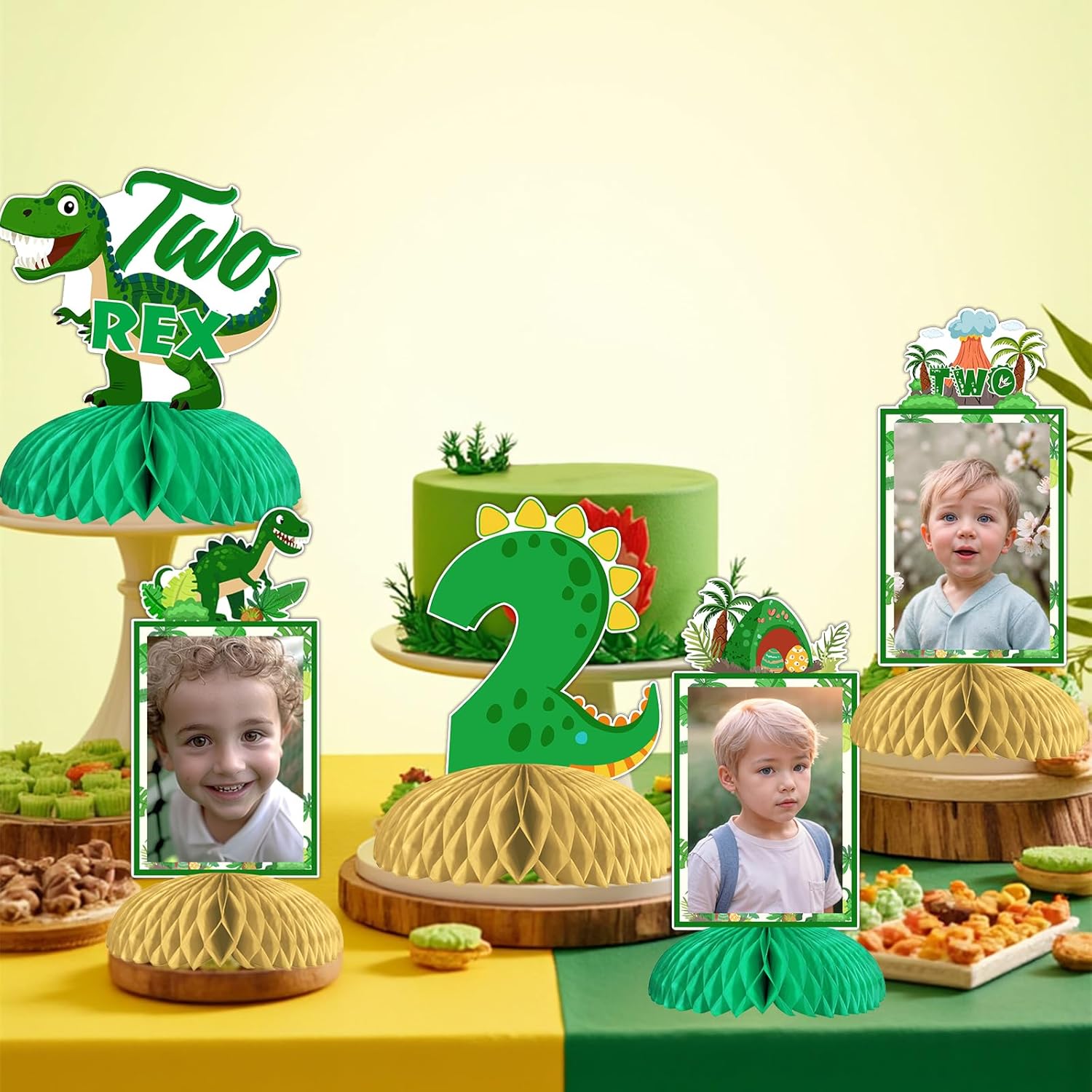 Funmemoir Dinosaur 2nd Birthday Decorations Boy - 8PCS Photo Honeycomb Centerpieces, Green Dinosaur Two Rex Birthday Decorations, Dino Table Decorations for 2 Years Old Bday Party