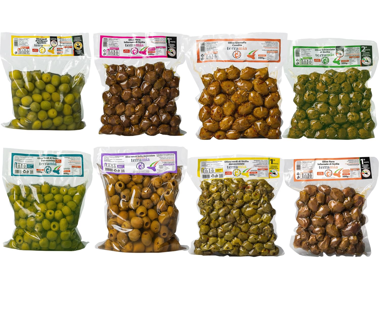 Olive italiane di castelvetrano Sicily della valle del belìce 8 buste da 500 g. Azienda vincitrice di premi nazionali come Ercole Olivario, Monna Oliva