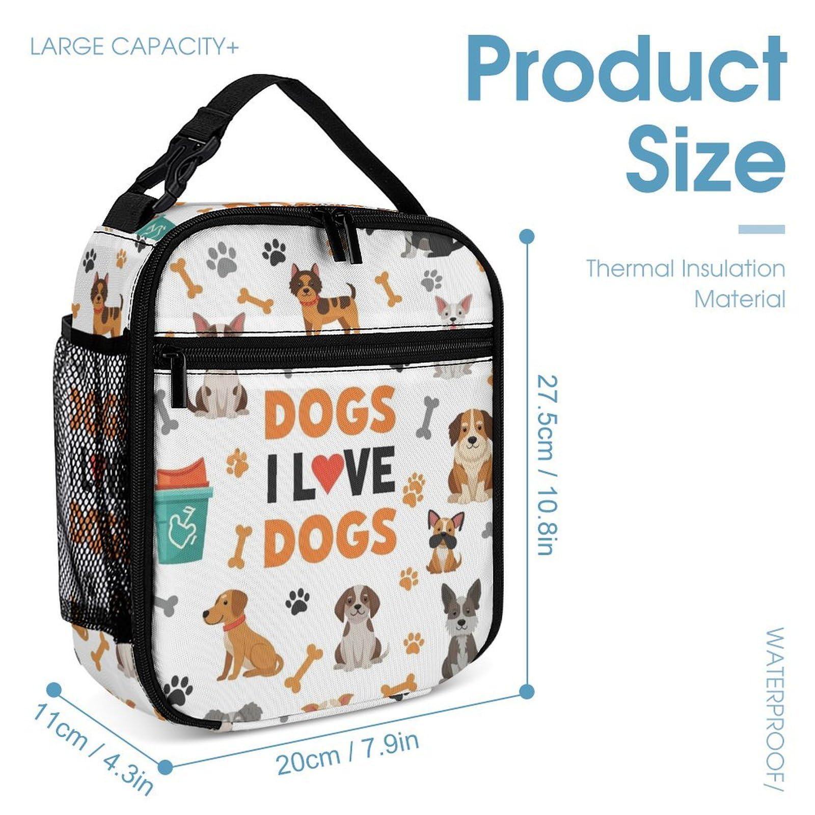 Ensemble sac à dos avec boîte à lunch, trousse de maquillage, motif chiens et rangement.
