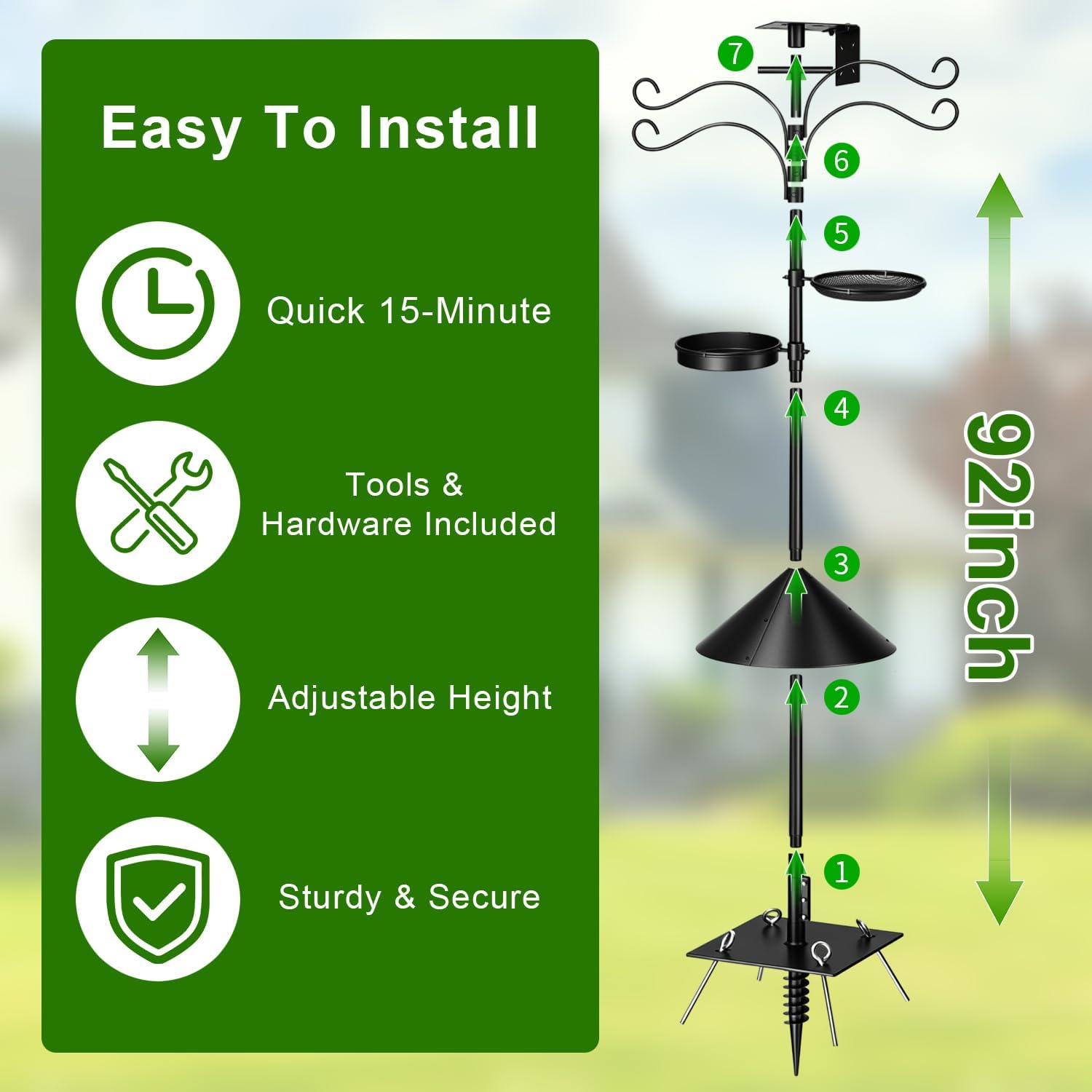 Upgraded Heavy Duty Bird Feeder Pole, 92 Inch Squirrel Proof Adjustable Bird Feeding Station,1 Inch Dia Bird House Pole, 4 Shepherd Hooks for Feeder Stand, Includes Water Bowl & Mesh Tray image 3