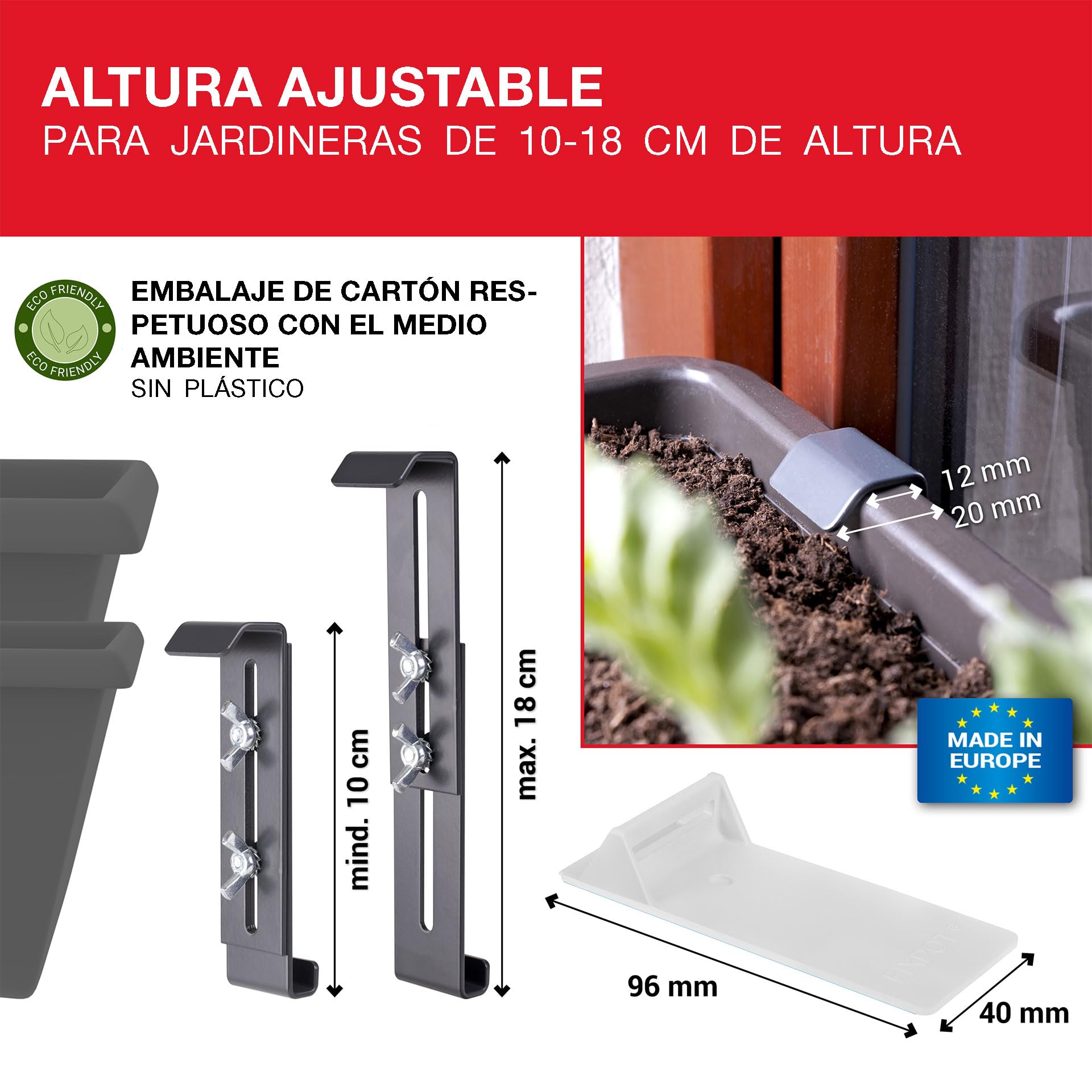 LouMaxx Juego de 4 soportes para ventana sin taladrar para alféizar de ventana, color antracita, resistente, altura ajustable, incluye adaptadores y bombas de semillas