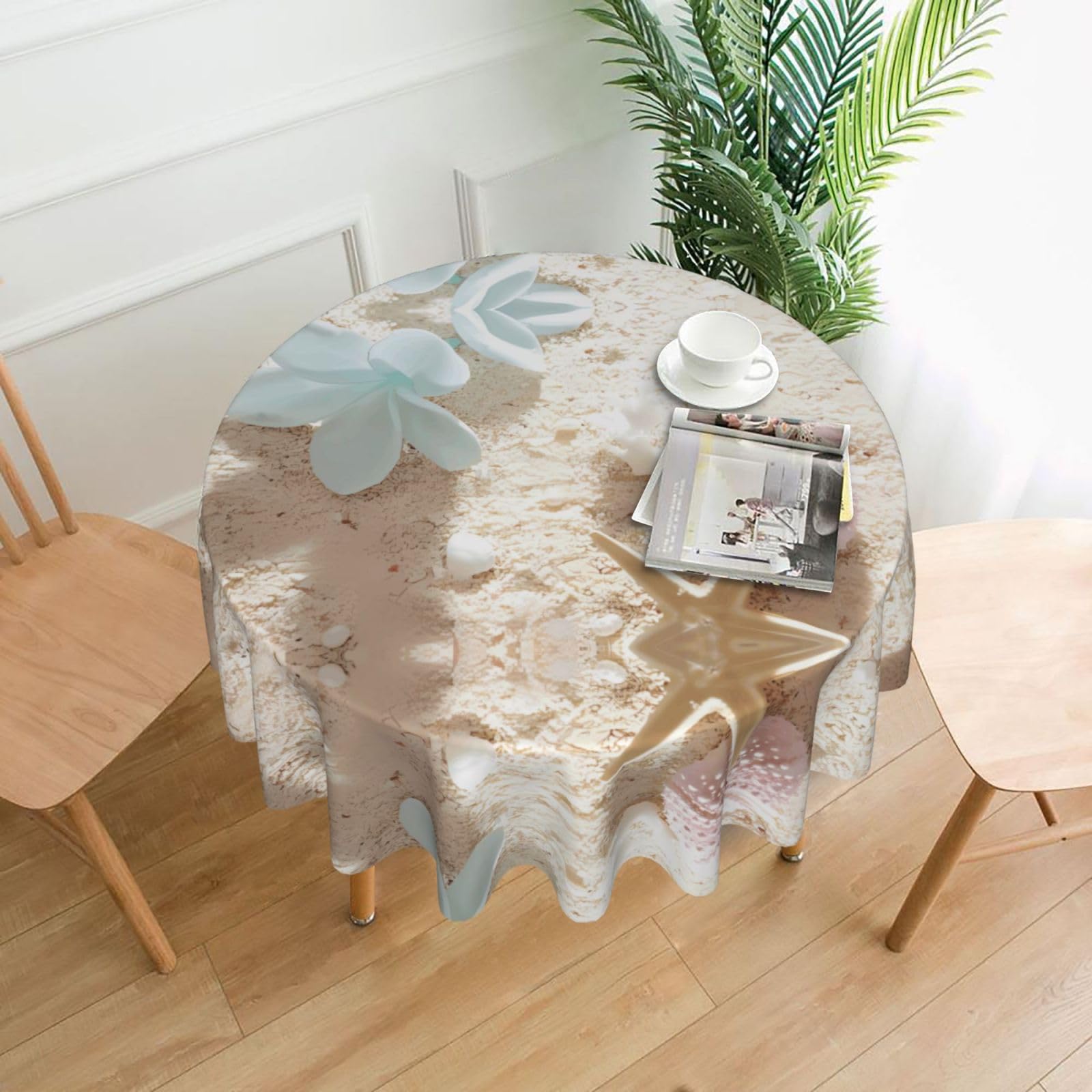 YYHHAOFA Blue Flower with Starfishes on Beach Prints 60in Round Decorative Tablecloth – High-Grade Polyester Throw Cover for Dining, Parties, and Outdoor Events