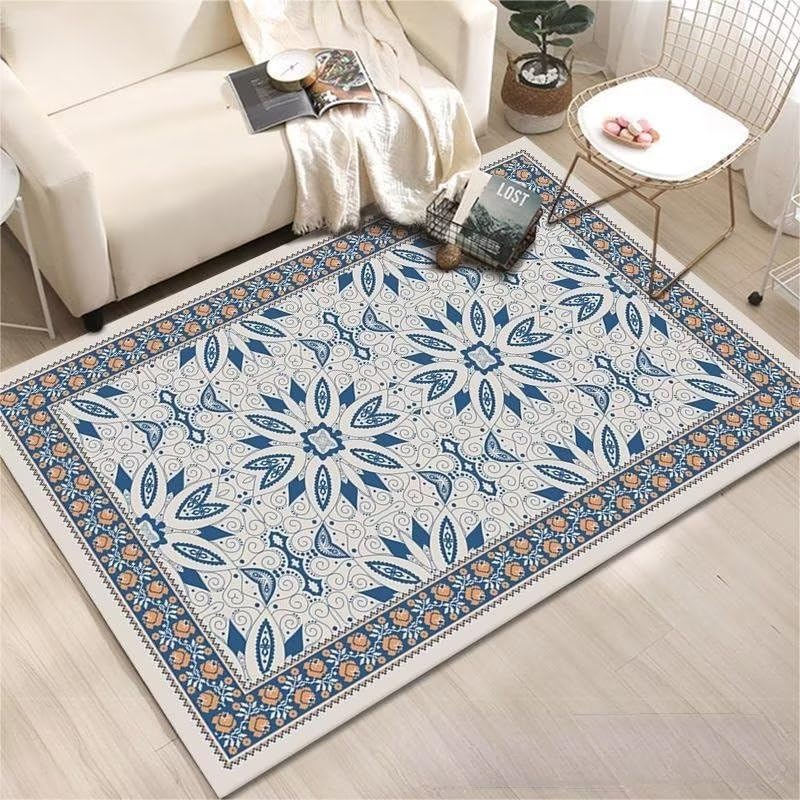 Tapis antidérapant bleu abstrait fleur 160x230cm lavable contre les sols glissants
