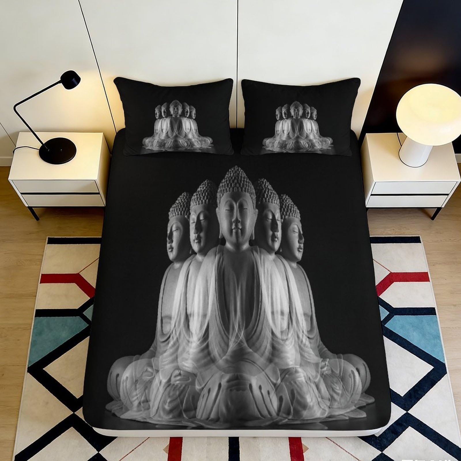 3D Printed Buddha Statue Fitted Sheet Microfiber Black White Artistic Meditation Mattress Cover for Bedroom Decor Dorm 90x200x25cm