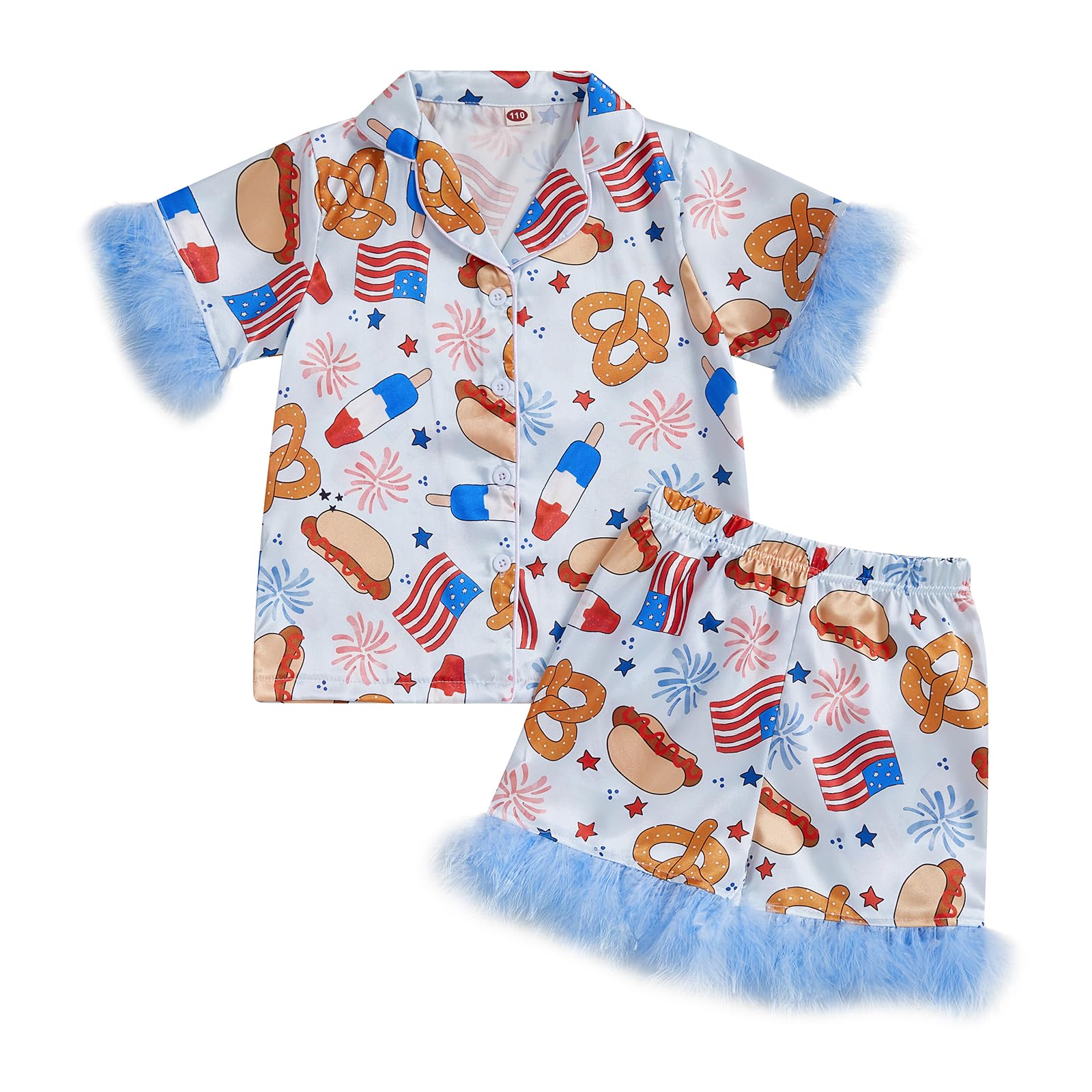 fyclemt Toddler Baby Girl Boy 4th of July Silk Pajama Set Feather Trim Short Sleeve Shirts Pajama Shorts Sleepwear Nightgown
