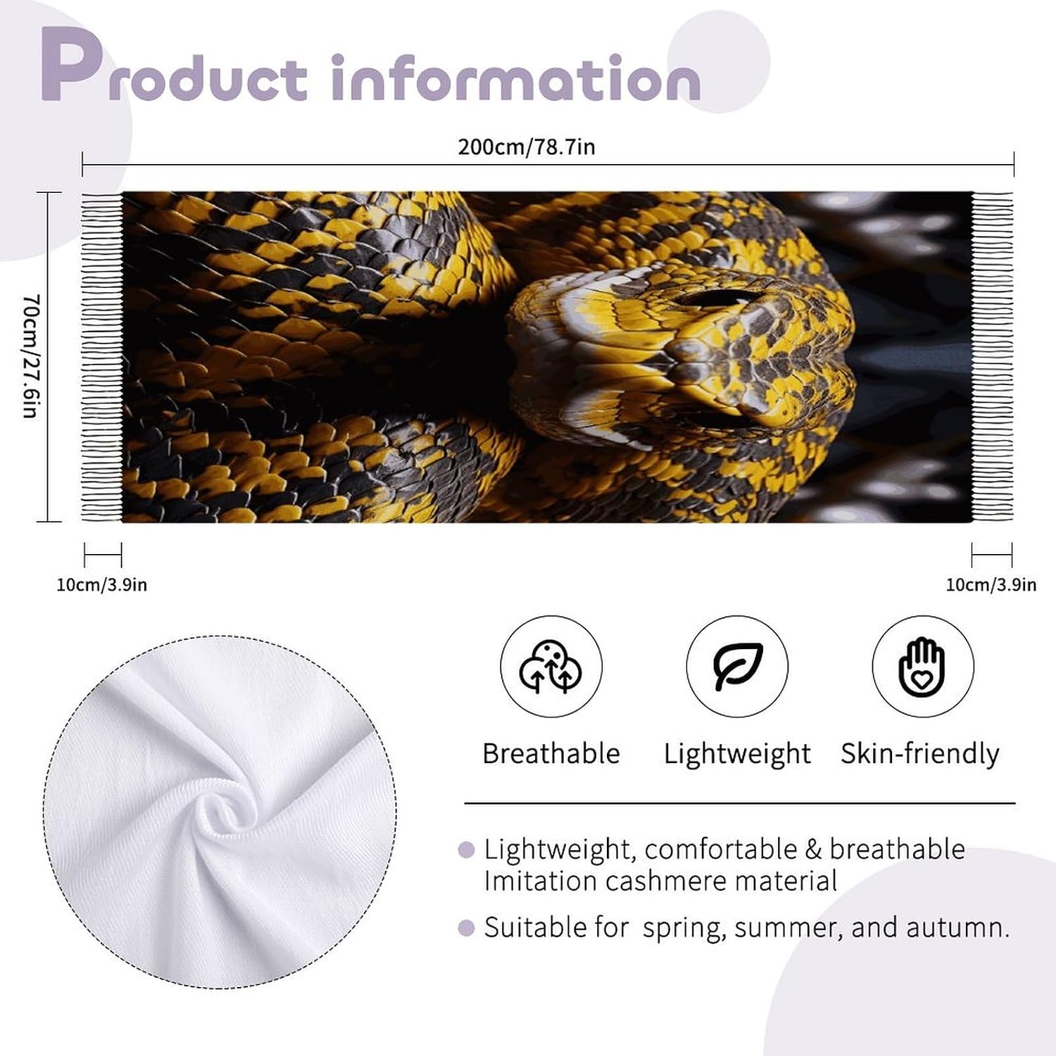 Yellow Snake Scarf for Women Men Soft Warm Fashion Blanket Scarves Classic Cashmere Feel Scarf Long Shawl Large Scarves Cold Weather Thick Blanket Scarfs