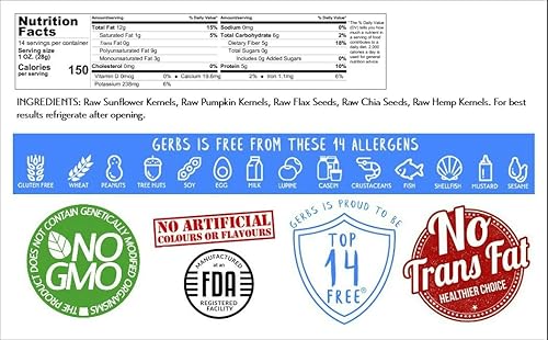 Semillas de Calabaza, girasol, chía, lino, semillas de cáñamo crudas mezcla por Gerbs – 4 libras – Top 12 Alimentos hipoalergénico libre de GMO –