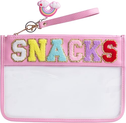 Bolsa de felpilla transparente para aperitivos, bolsas de maquillaje de viaje transparentes multiusos con dije de arcoíris de chenilla para