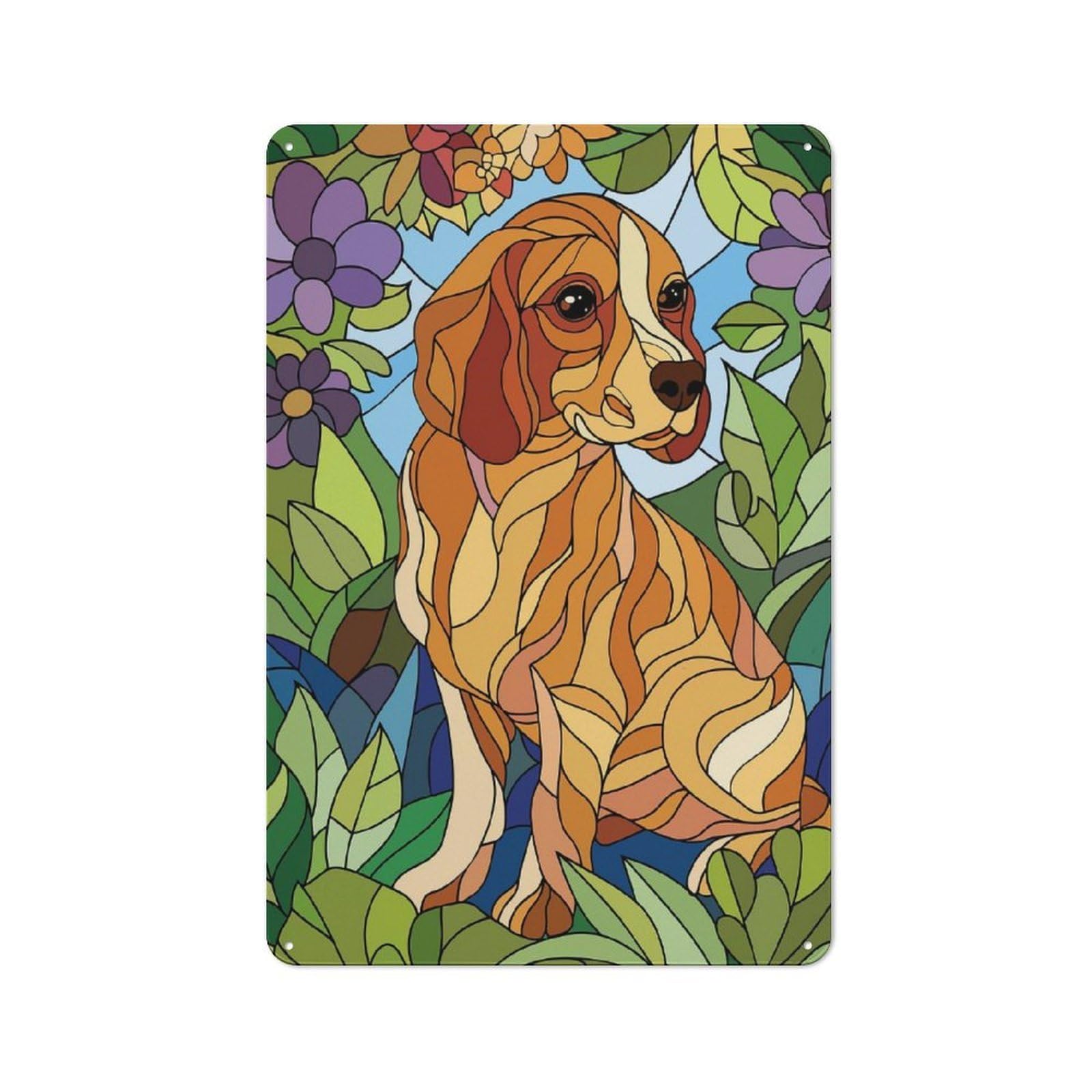 Junmoney Style-5 Stained Glass Dog In Floral Surroundings Vintage Metal Sign 30X20cm For Lounge Or Reading Corner, For A Room Refresh Centred On Metal Wall Decor