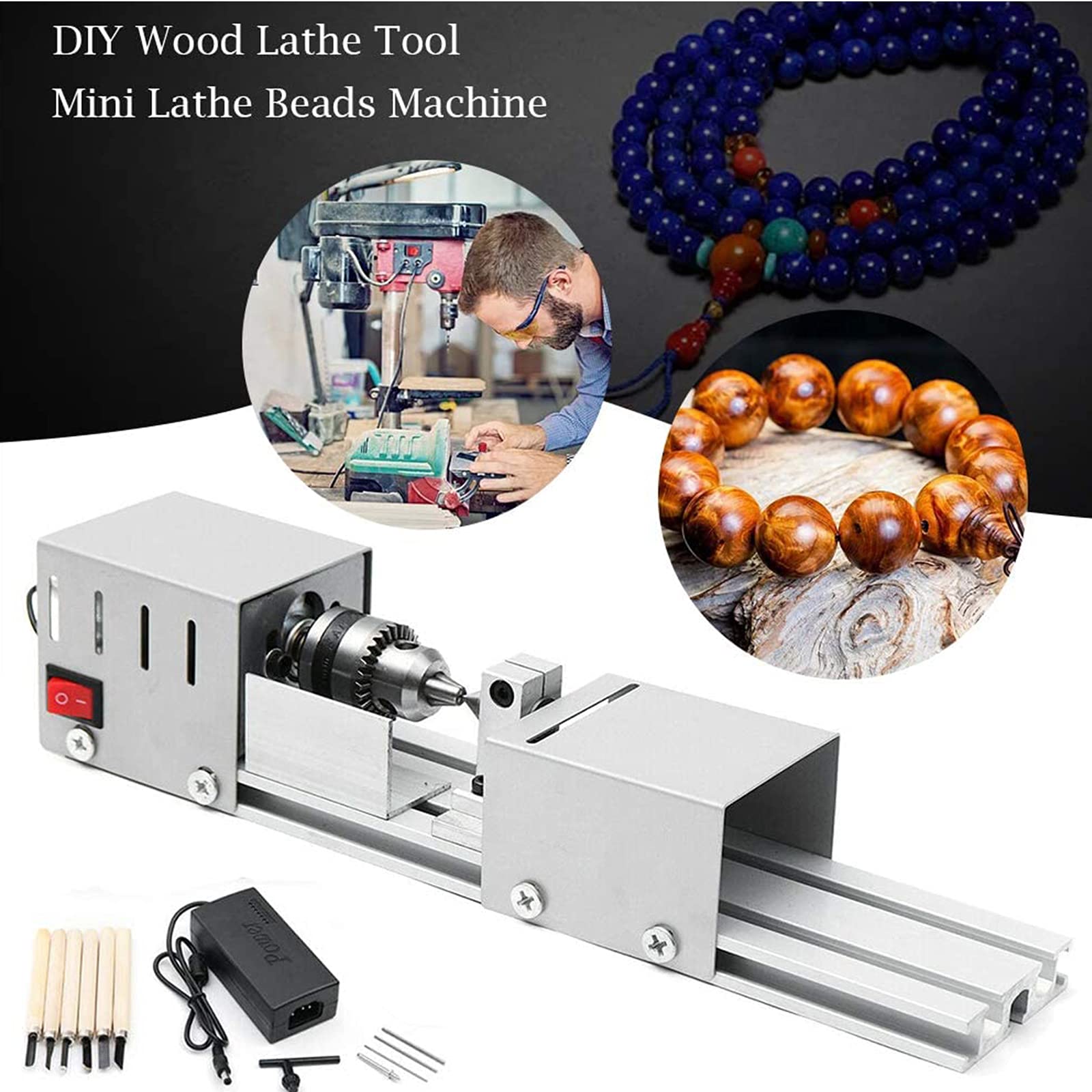 Mini torno de cuentas para bricolaje, carpintería, CNC, mini torno de madera, herramientas de pulido, taladro, herramienta rotativa con adaptador de corriente para carpintería, bricolaje, torneado,