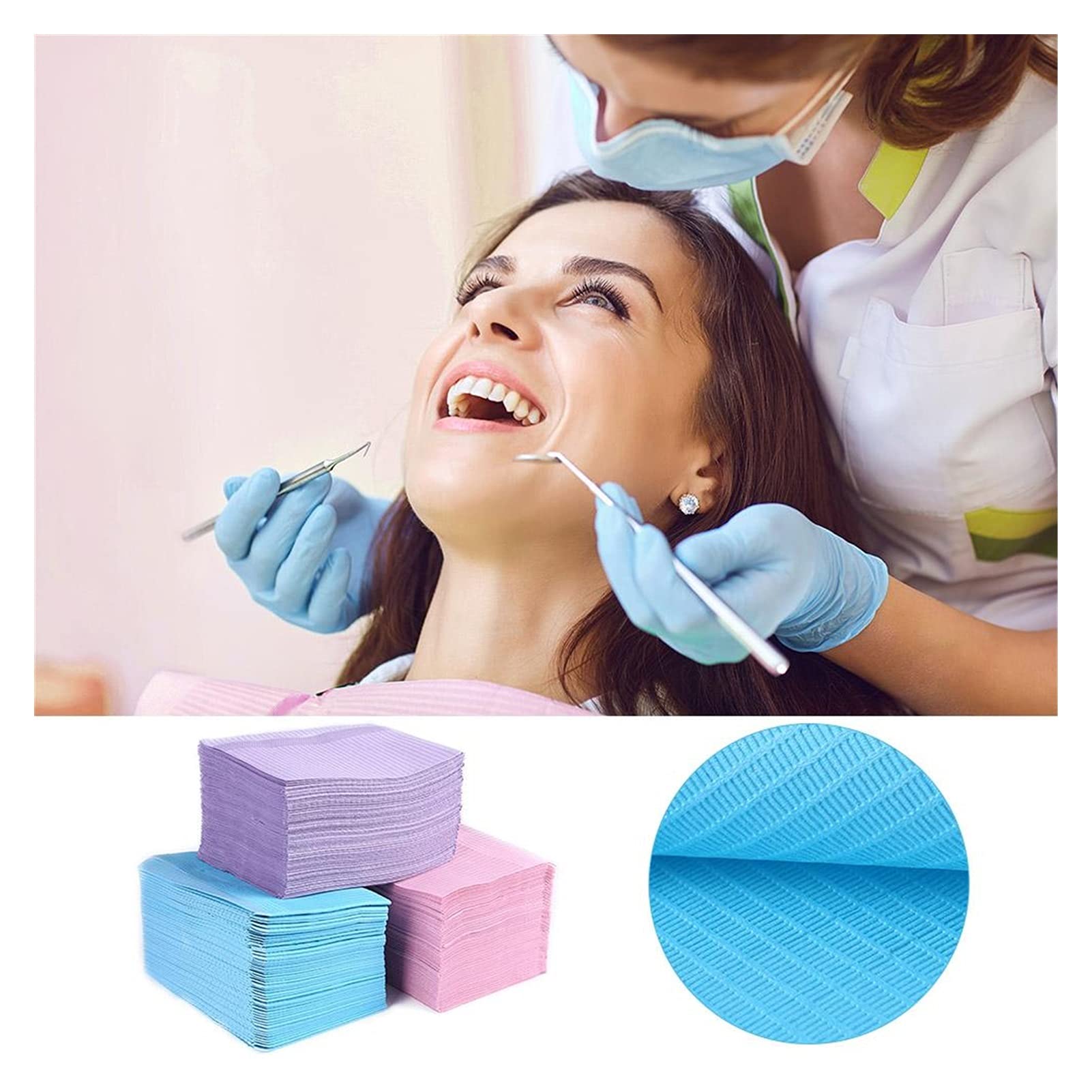 PJRYC 125 Stück Zahn-Lätzchen, 33 x 45,7 cm, 3-lagig, Einweg-Lätzchen, wasserdicht, für Patienten, wasserdicht, Tattoo-Lätzchen, Zahnbauch(Blau)