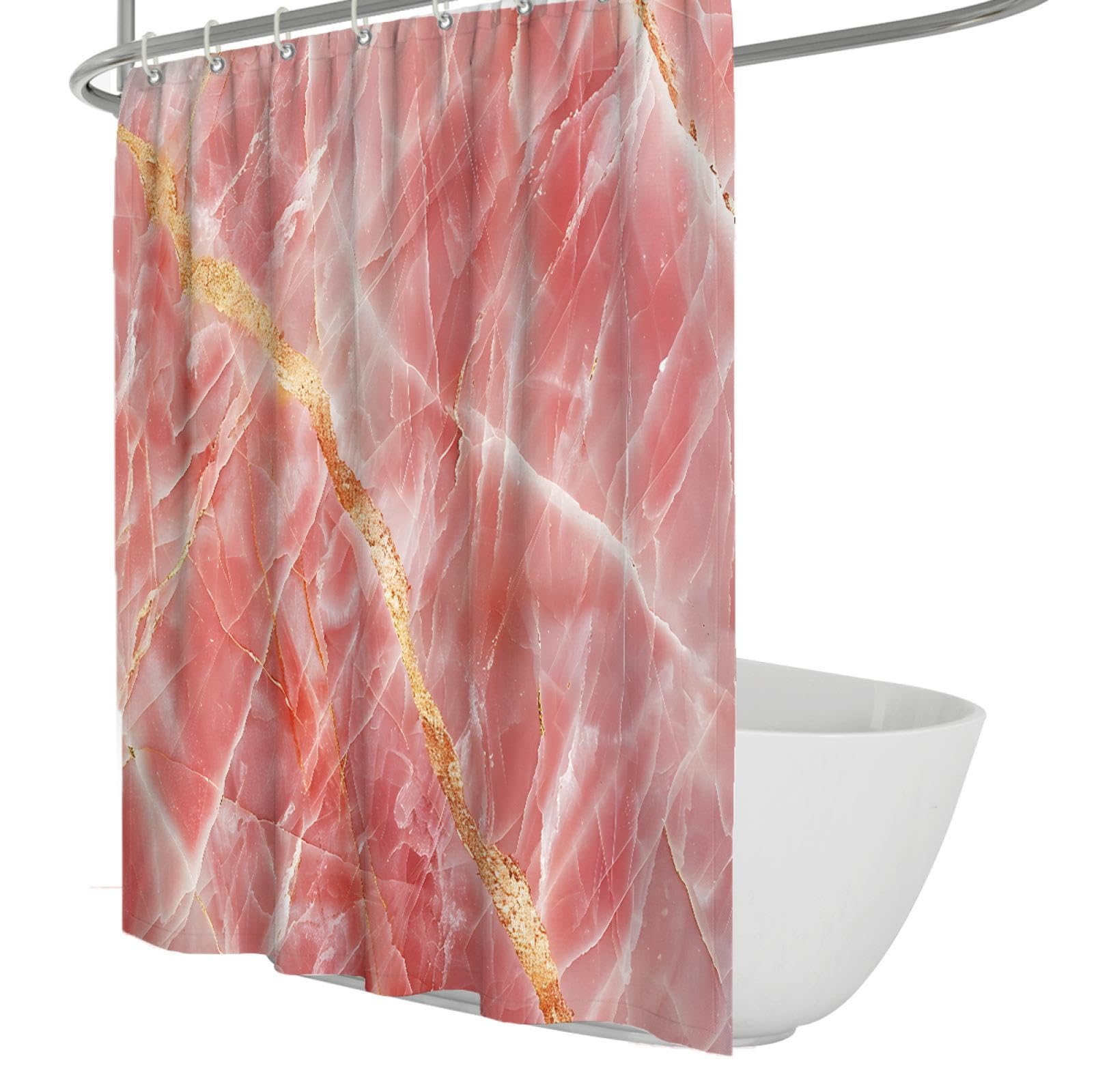 Elegance Cortina de Ducha Rosa Blanco Mármol Crepitante Ombre con Líneas Doradas Brillantes Forro de Cortina de Ducha con 12 Ganchos de Plástico 180x200