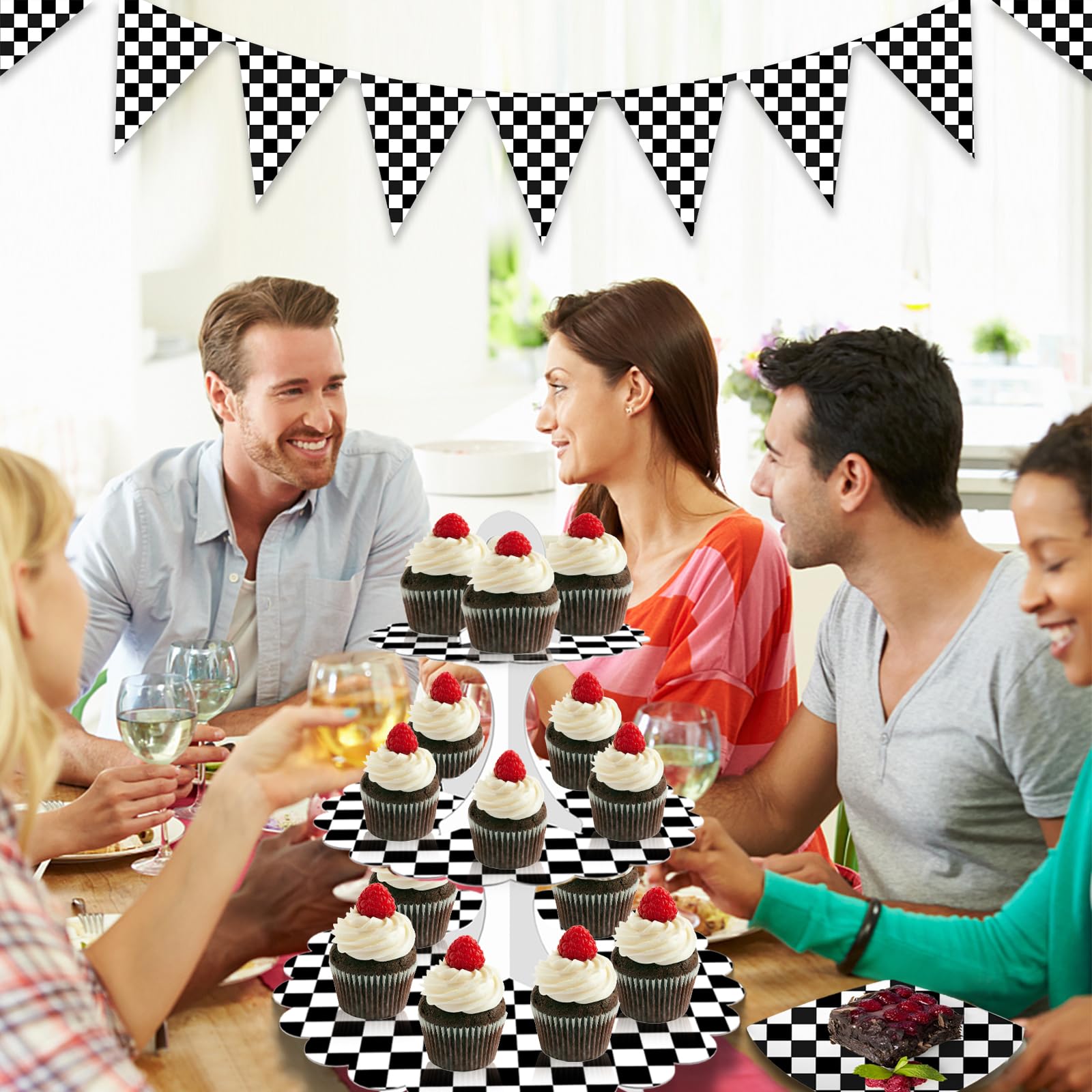 Paquete de 2 soportes para cupcakes de 3 niveles, torre de soporte para cupcakes, soporte de nivel para cupcakes en blanco y negro para fiesta de postres, soporte para cupcakes en capas