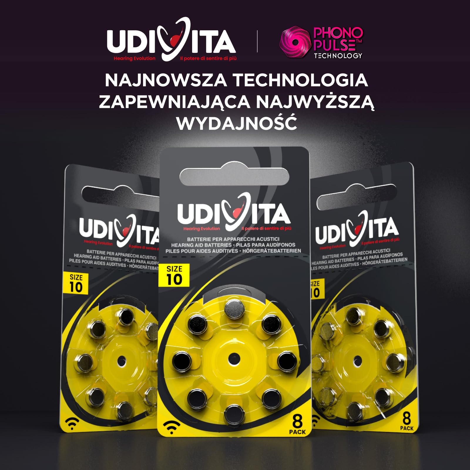 160 baterii do aparatów słuchowych Udivita rozmiar 10 (żółty) PR70 z technologią Phono Pulse - 20 blistrów po 8 baterii