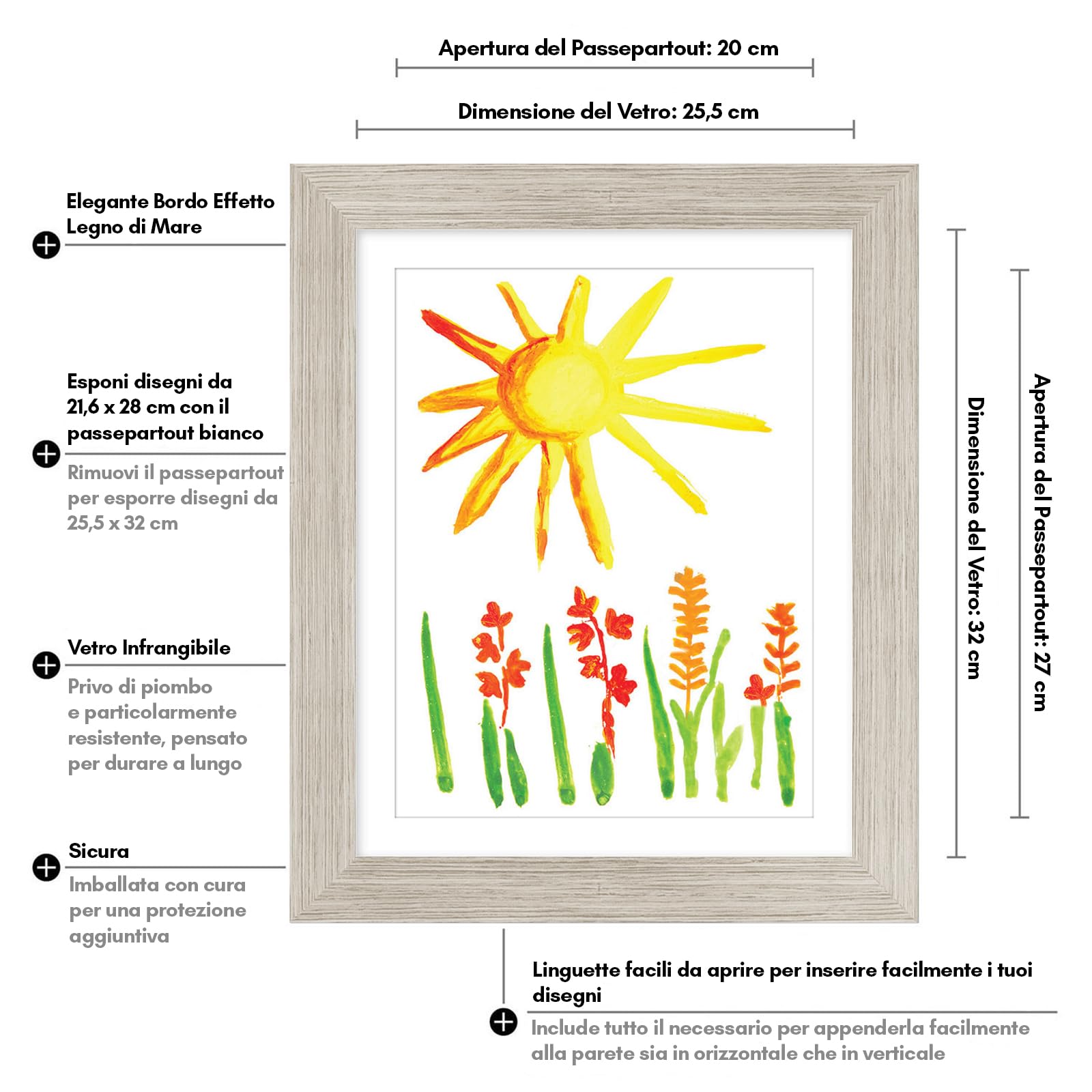 Americanflat Cornice Porta Disegni per Bambini (Legno di Mare) - Cornice A4 con Passepartout e 25x32 cm Senza Passepartout - Cornice Apribile per Disegni Bambini con Vetro Infrangibile, Pacco da 2