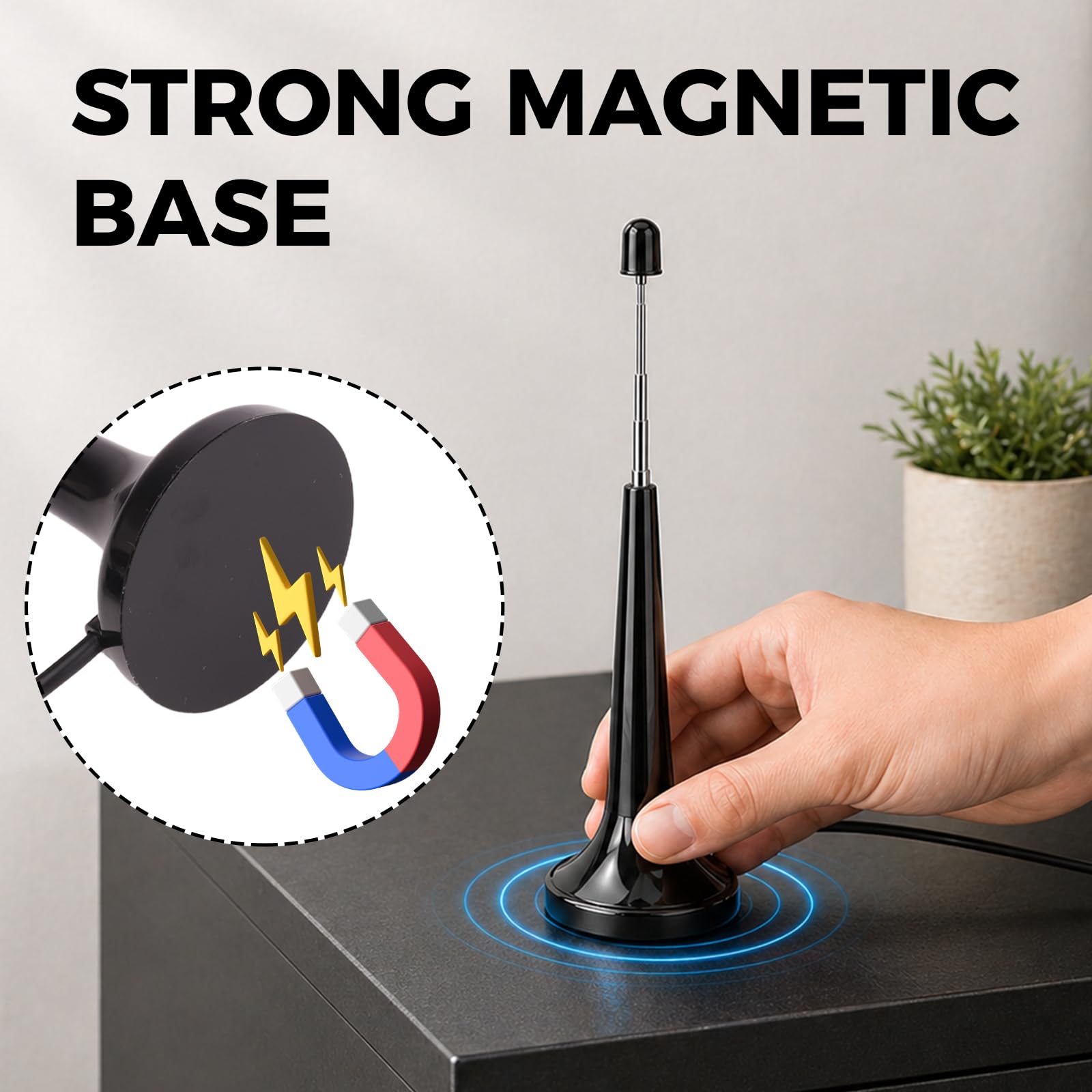 Antenne TV Intérieur Puissante, Antenne Radio FM Dab Intérieur Télescopique avec Base Magnétique, Câble 3m pour Récepteurs Stéréo 75 Ohm Chaine HiFi Tuner FM Poste Radio, Plug and Play