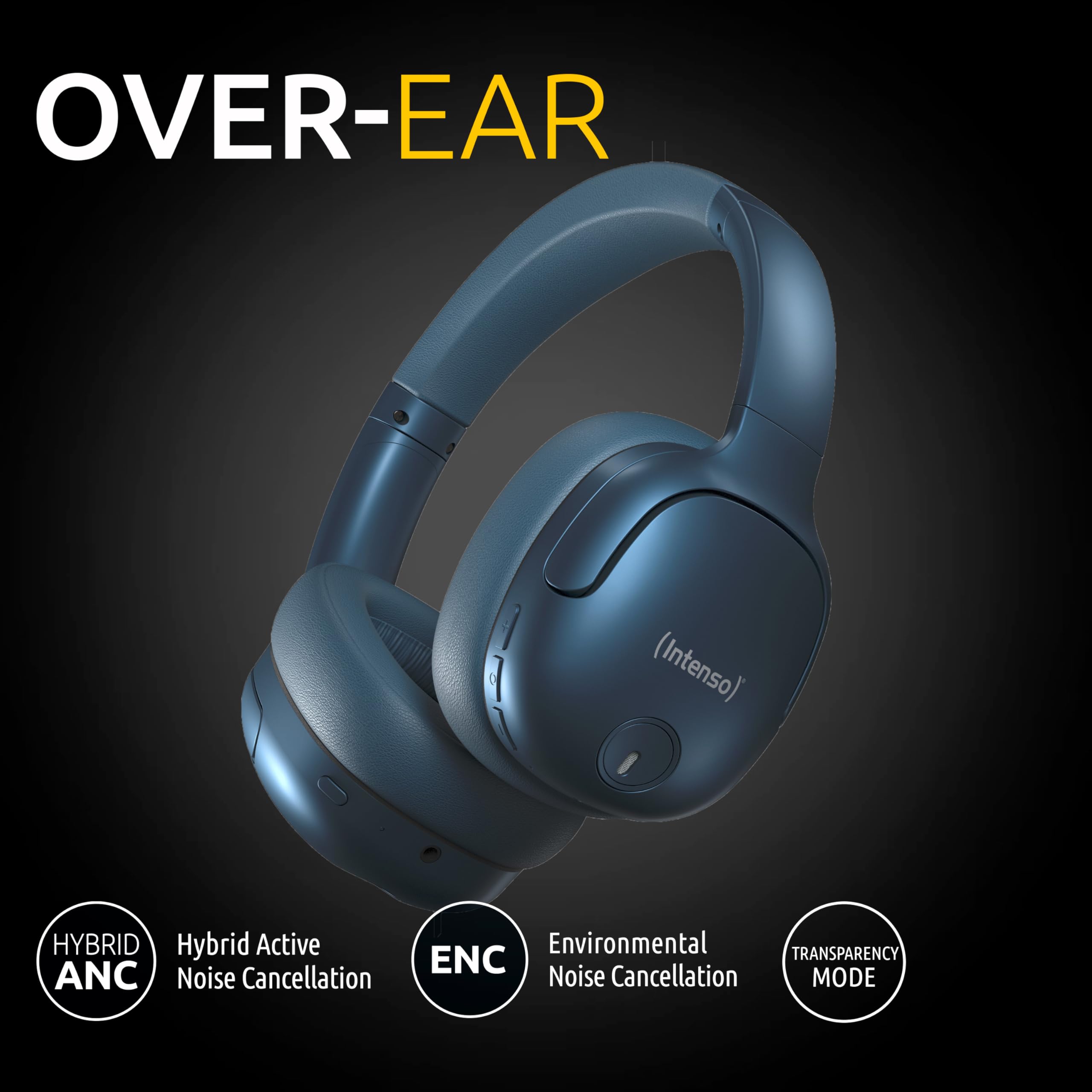 Intenso O400HA słuchawki nauszne – Hybrid Active Noise Cancelling, czas pracy do 75 godzin i Bluetooth 5.3, tryb muzyki, tryb przejrzystości i szybki czas ładowania, niebieskie