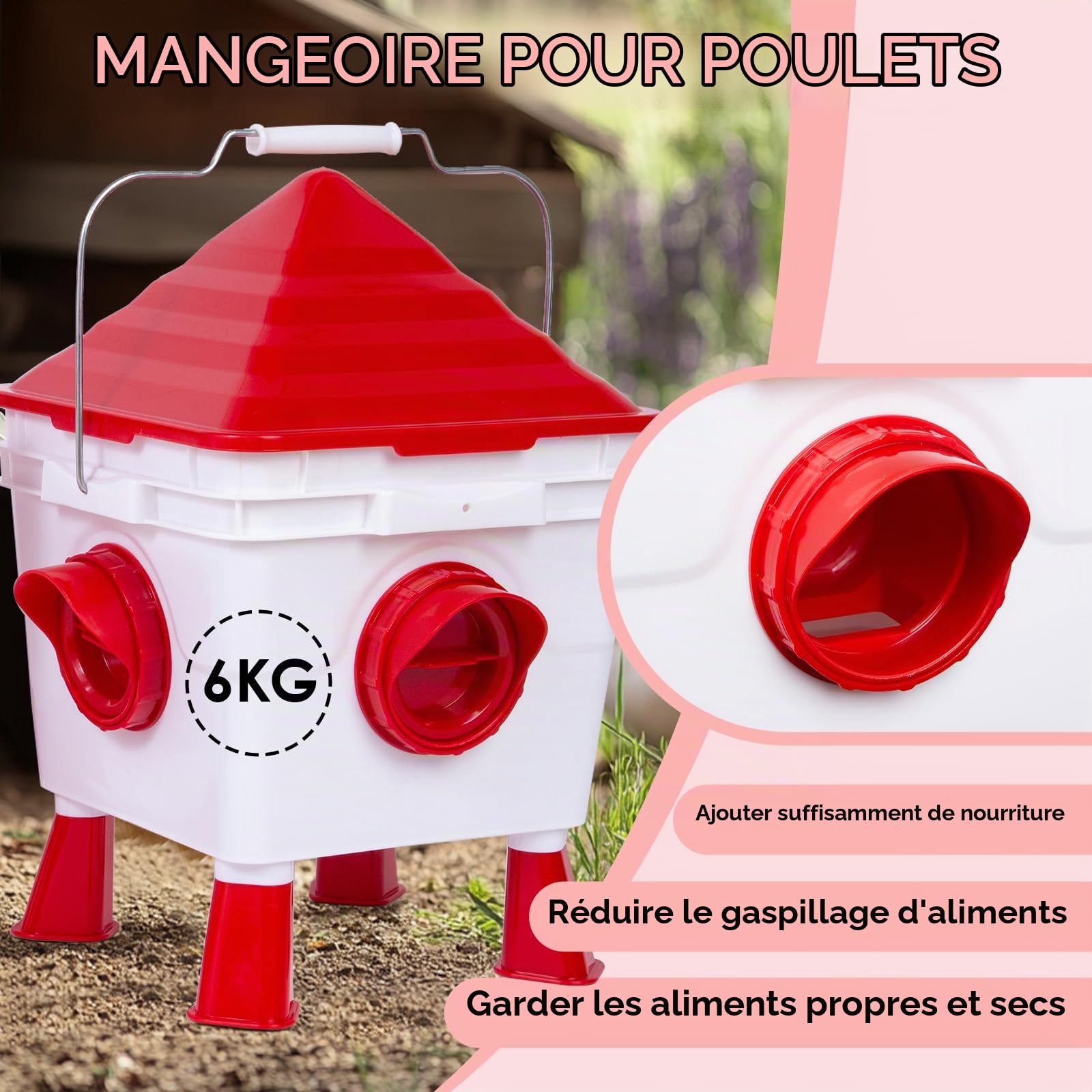 Todeco Ensemble Mangeoire 6 kg et Abreuvoir Automatiques 8 L pour Poules | 4 Ports et 4 Coupelles, 8 Pieds Amovibles, 2 Chaînes de Suspension en Acier, Installation au Sol ou Suspendue, pour Volailles