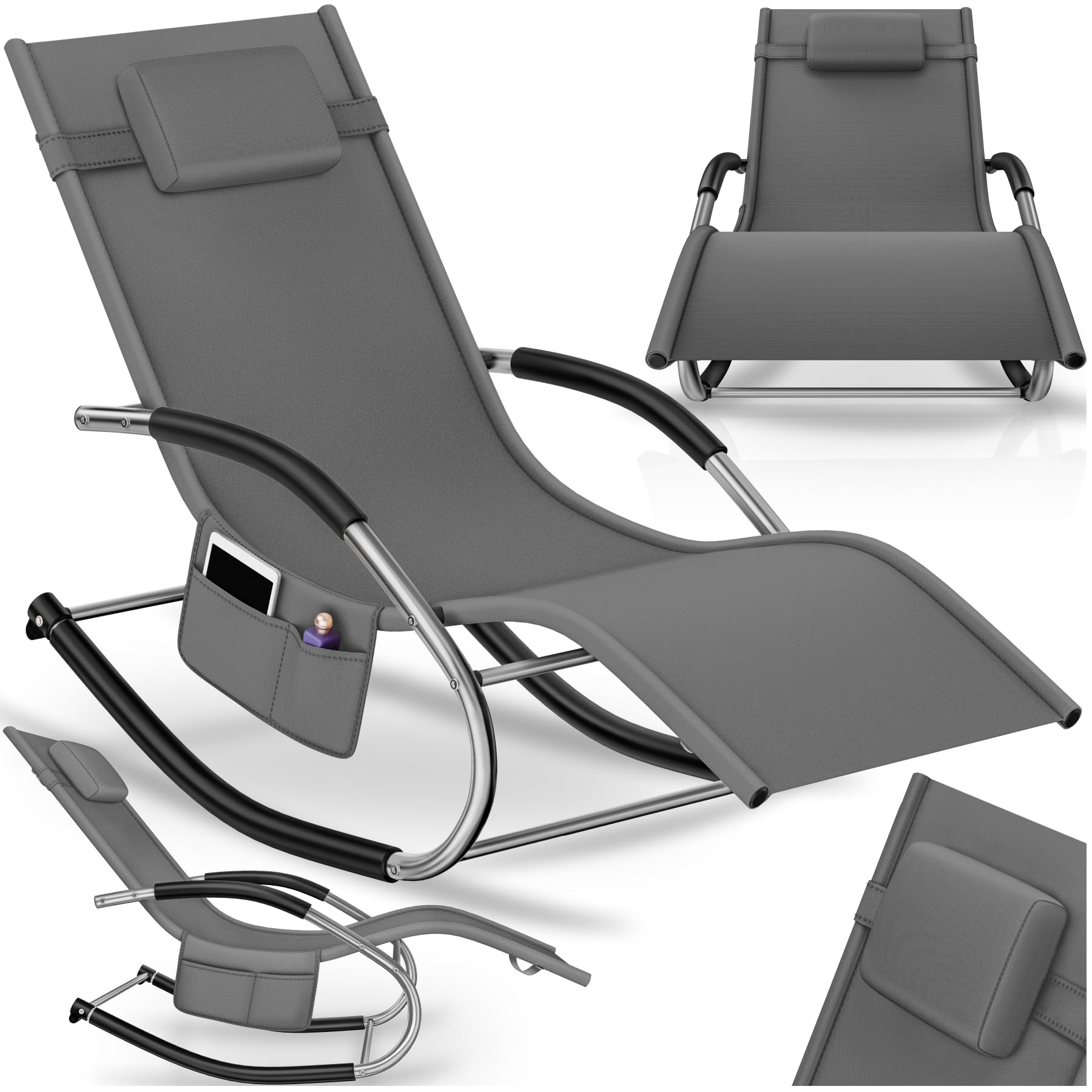 tectake® Tumbona Sol Exterior con Almohada, Tumbonas Piscina con Bolsillo Lateral, Resistente al Agua y Tejido Transpirable, Capacidad de Carga: 120kg, Sillas de Terraza - Gris