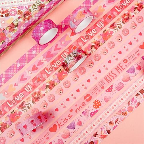 Miniatura 6 de Zellykool Juego de 20 rollos de cinta washi para el día de San Valentín, diseño de corazón rojo, rosa, dulce, cinta adhesiva decorativa para