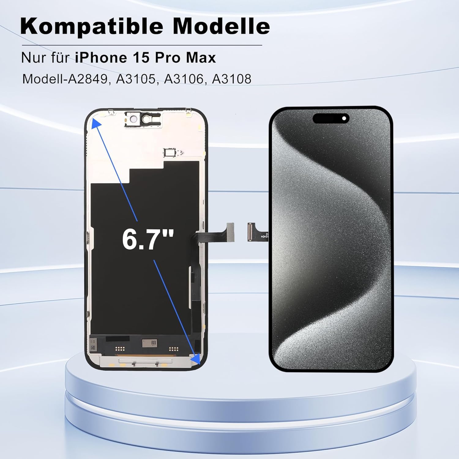 ZOETEC Display für iPhone 15 Pro Max Bildschirm Ersatz LCD Full HD Retina COF 3D Touchscreen Digitizer Montage mit Reparaturwerkzeugen, wasserdichter Klebstoff, gehärtetes Glas