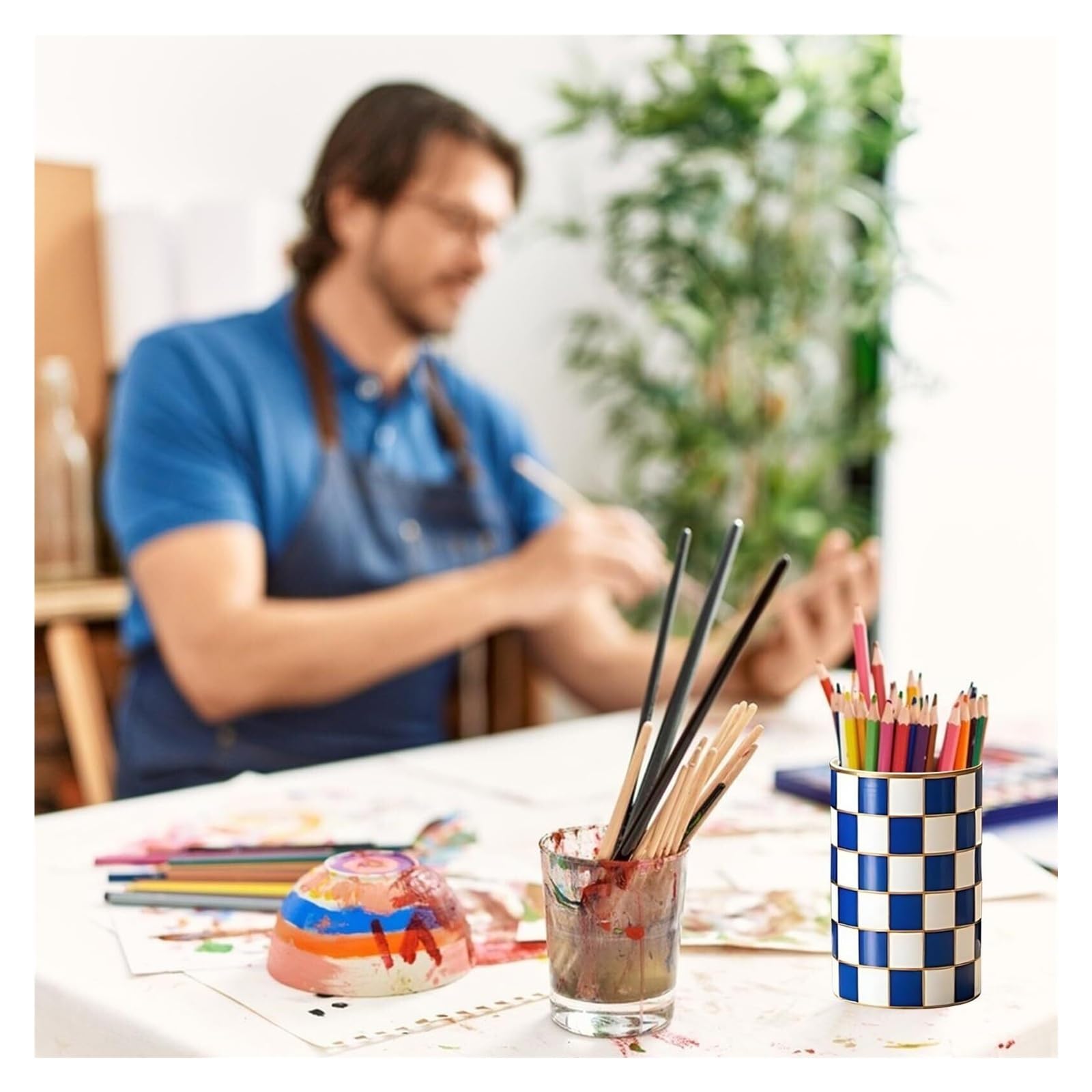 Zestaw akcesoriów łazienkowych Uchwyt na szczoteczki do zębów, uchwyt na szczoteczki do zębów w szachownicę retro nowoczesny kubek ceramiczny rustykalny wystrój (niebieski)