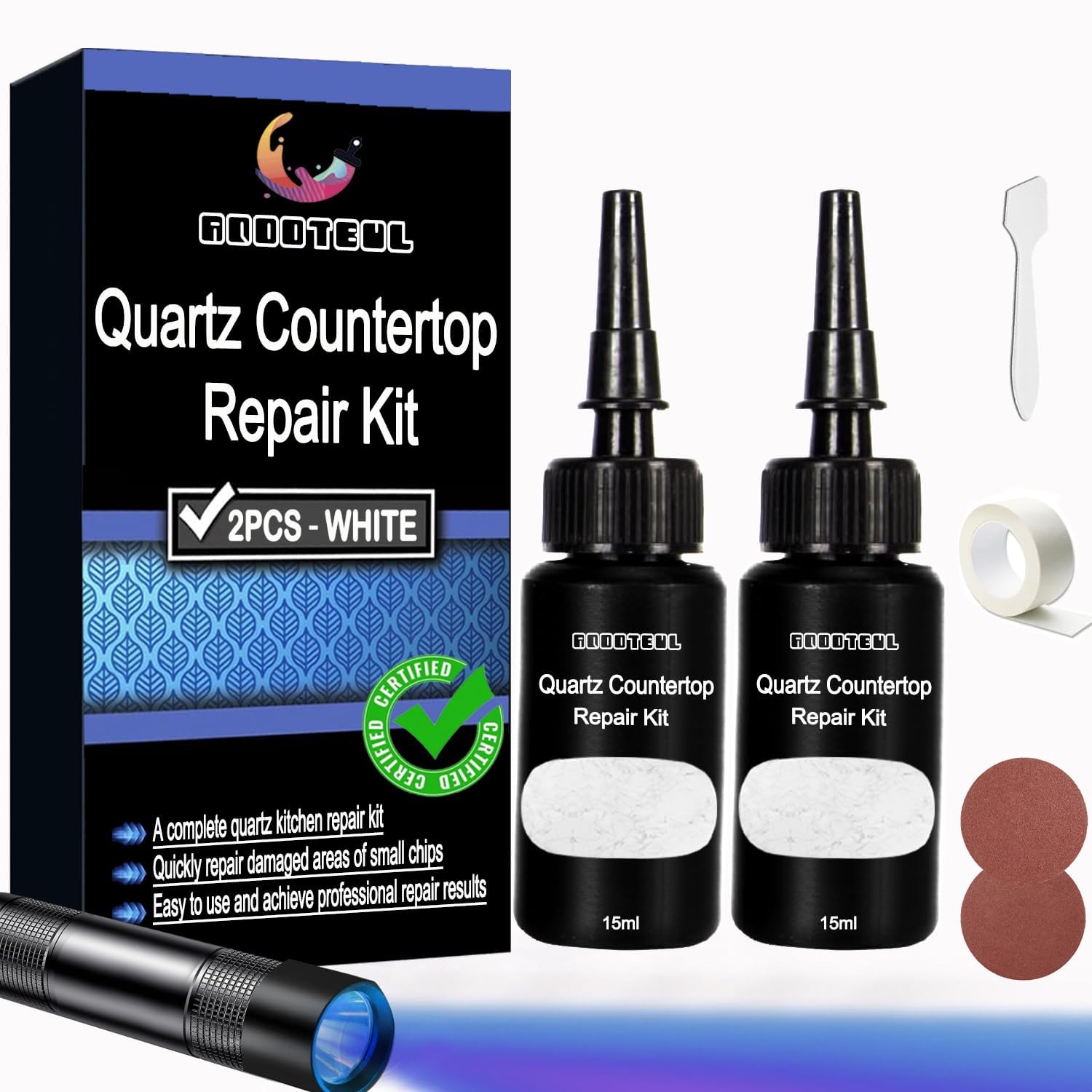 Kit de reparación de encimeras de cuarzo premium, 2 piezas de granito blanco y mármol, reparación rápida de encimeras de cocina, arañazos, grietas