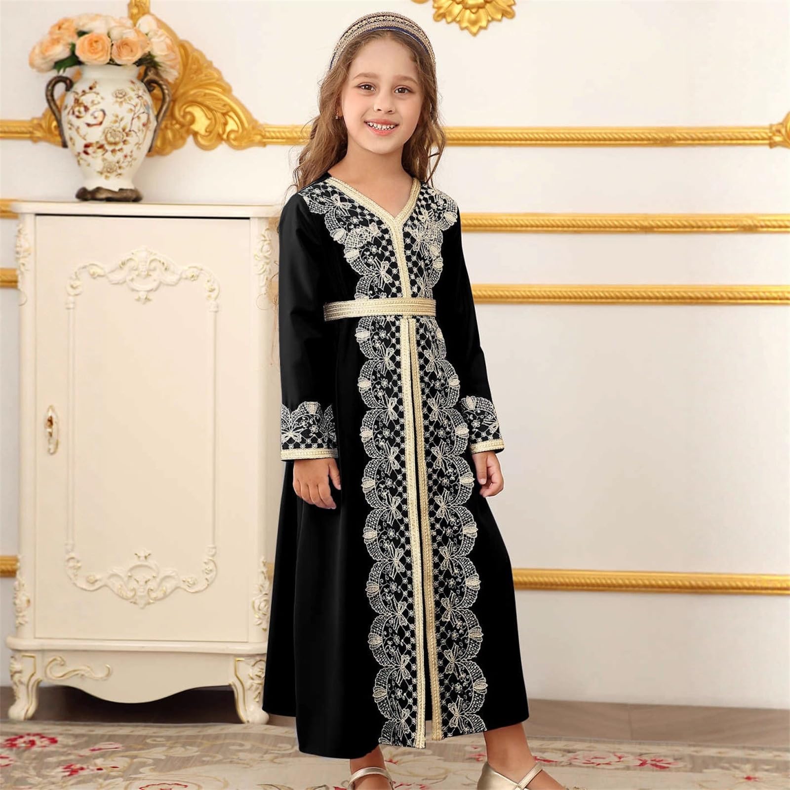 Elegante Vestido Abaya Bordado para niñas, Vestido de Fiesta de Manga Larga con Ribete de Encaje, de Punto piqué, Cintura elástica y Volantes, Ideal para cumpleaños, Verano Estilo Casual