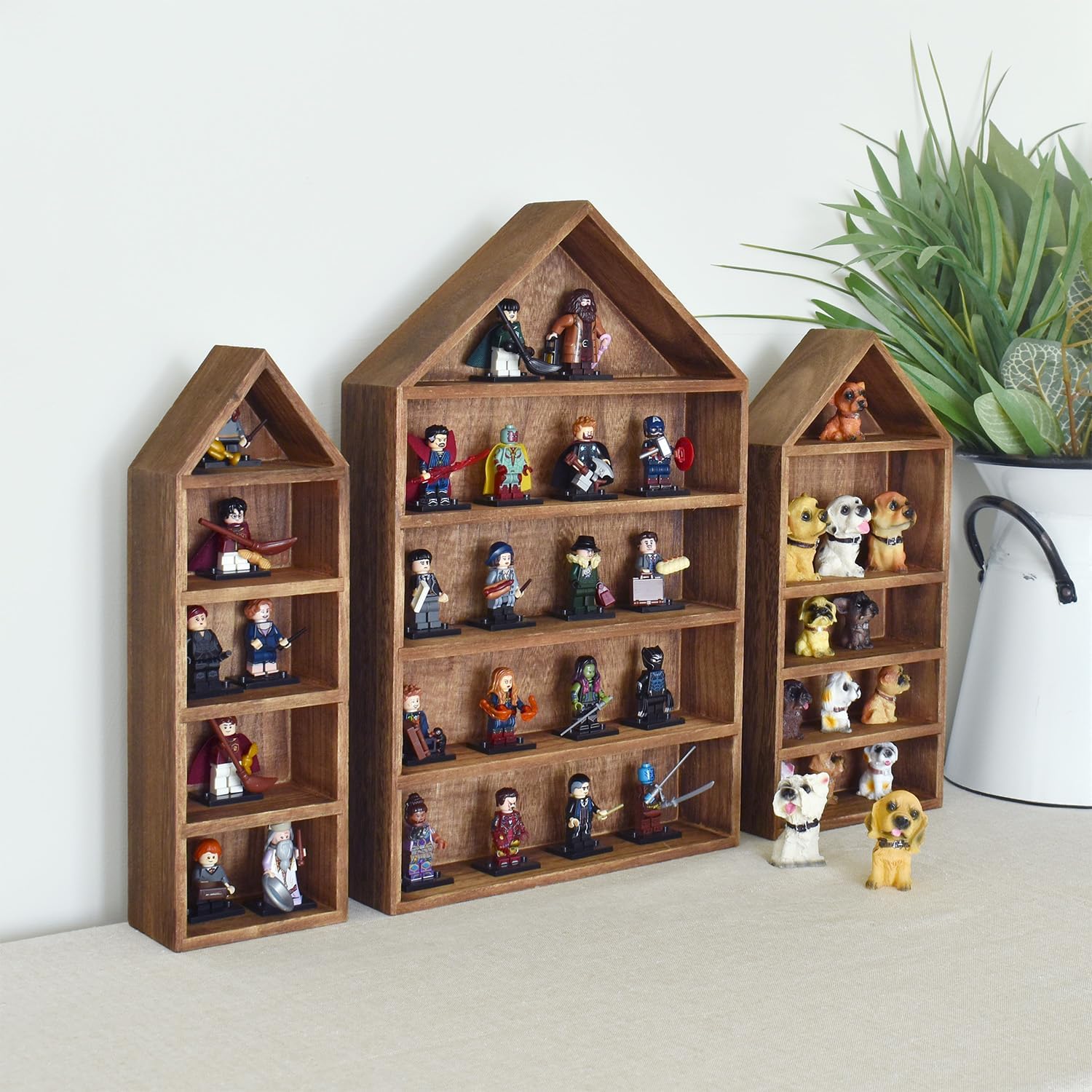 Ikee Design 3 Pcs Set House-Shaped Shelf Wooden Shadow Cubby Box Display Shelf Organizer Storage Display Shadow Box for Mini Figures,15 Compartments, Brown Color