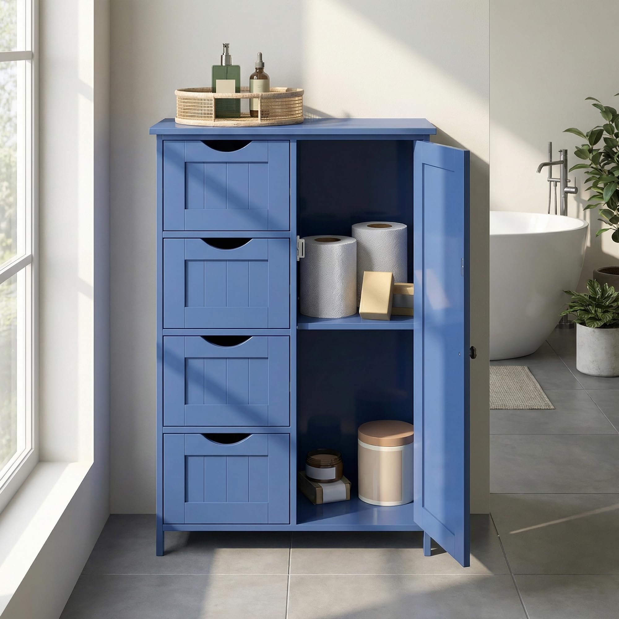 VASAGLE Badezimmerschrank, schmaler Badschrank, Beistellschrank, Kommode, mit 4 Schubladen, Schranktür, verstellbare Ablage, 30 x 55 x 82 cm, hafenblau LHC041QE02