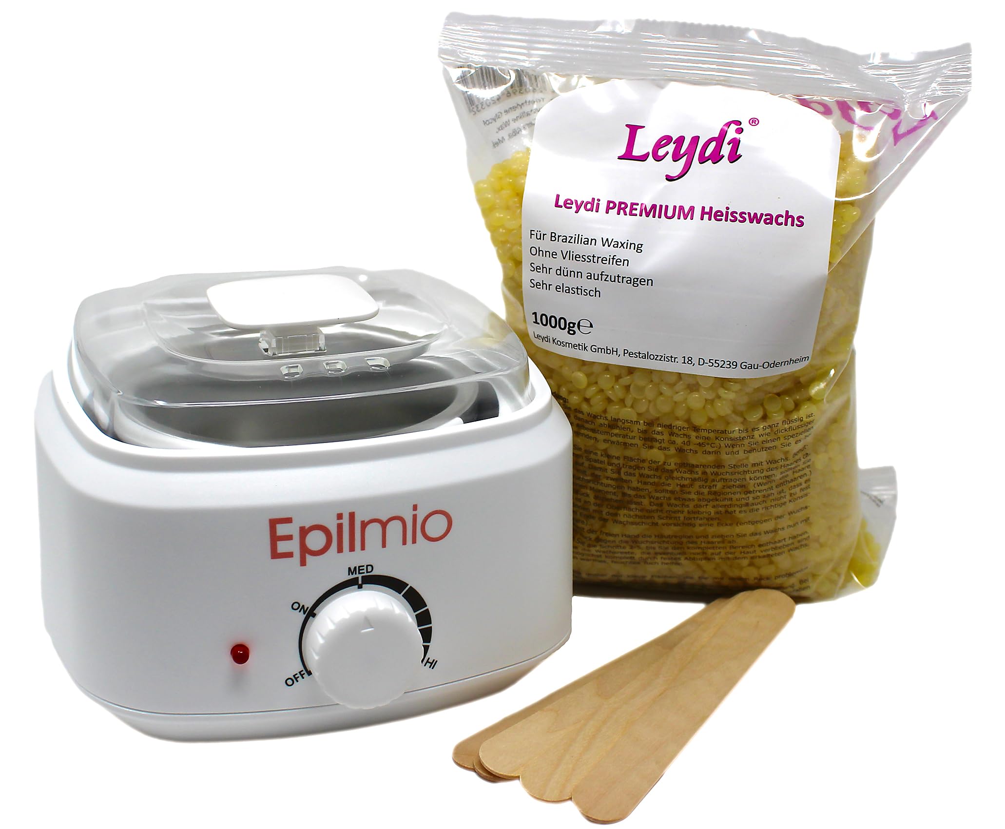 Leydi Brazilian Waxing Set Basic Honig – Elektrischer Wachserhitzer mit 1000g Heißwachsperlen – Waxing Set für Zuhause – Inkl. Spatelset – Für Intim, Körper & Gesicht