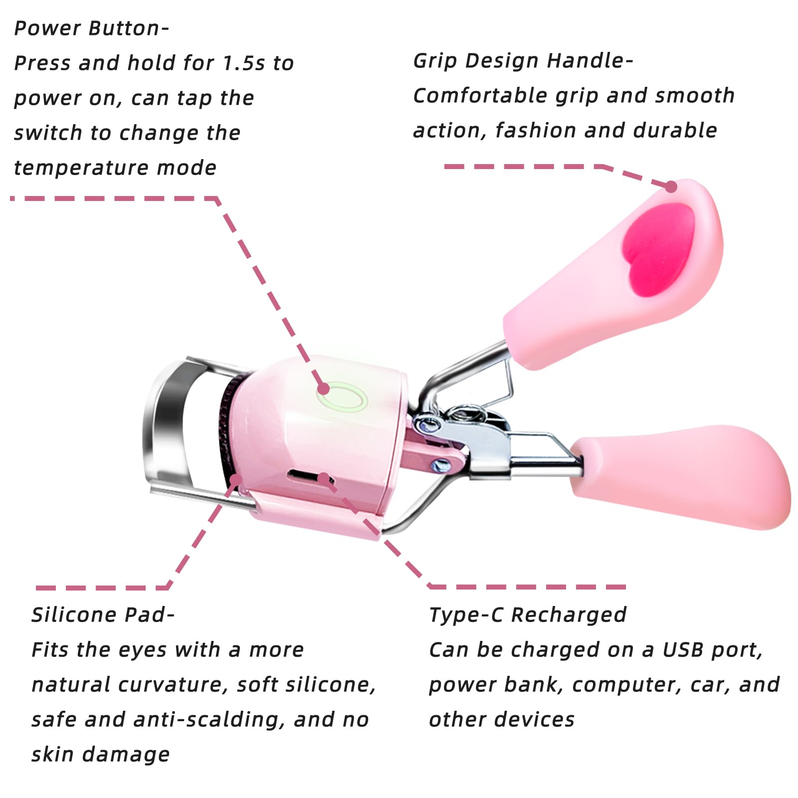 Pinkiou Rizador de pestañas con calefacción para mujer, rizador de pestañas eléctrico con temperatura de carga USB, almohadilla de silicona ajustable para calentamiento rápido para pestañas