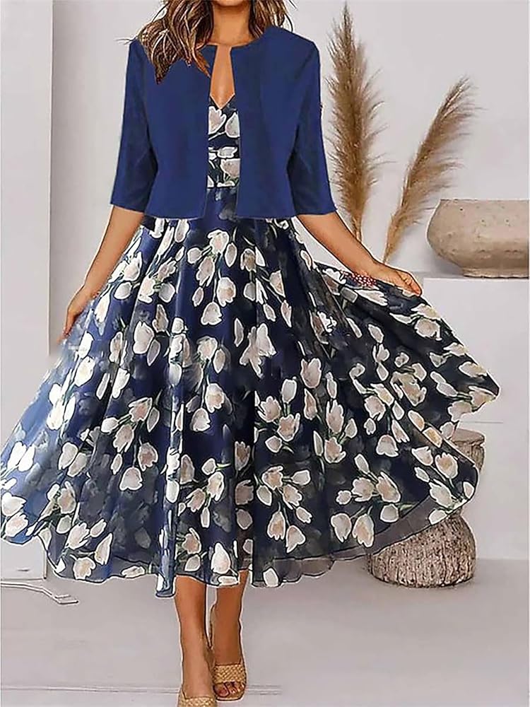 Boho Floral Printed Maxi Dress for Women Casual Two Piece Dress with Jacket  Sets for Wedding Guest Loose Sleeveless Flowy Tank Dress Crew Neck Half  Sleeve Short Cardigan 2Pcs Set S D