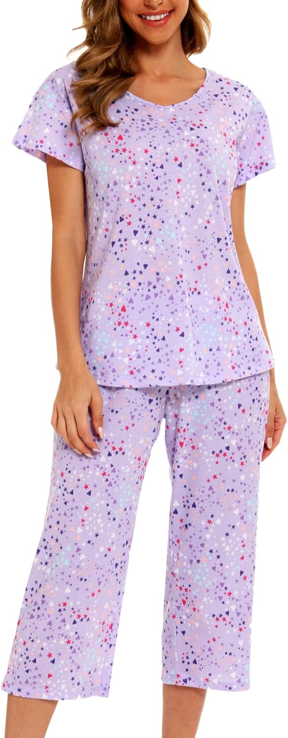 ENJOYNIGHT Womens Pajama Sets Cotton Summer Pjs Tops with Capri Pants Sleepwear - Image 5