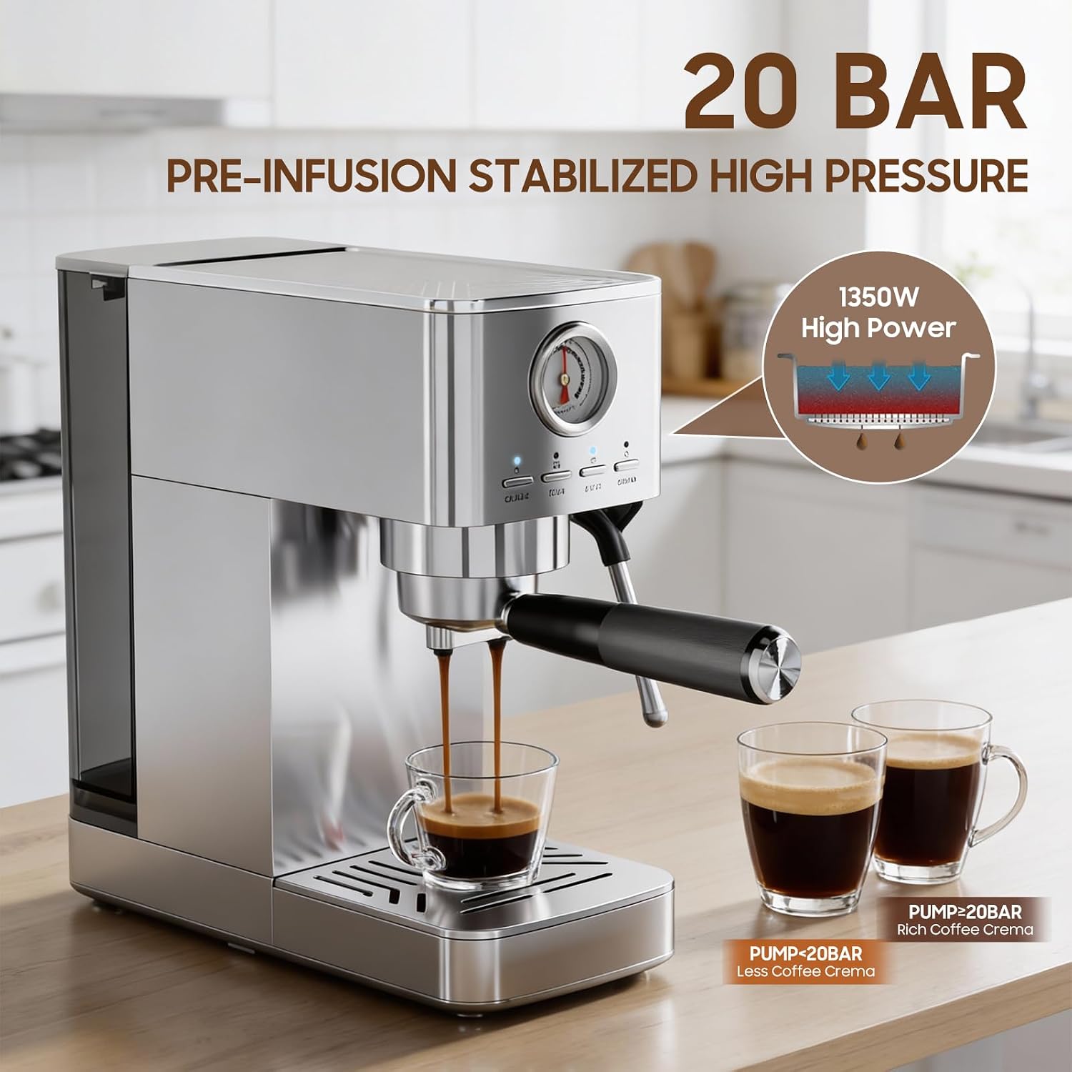 Espresso Machine 20 Bar with Milk Frorther, Stainless Steel,Silver