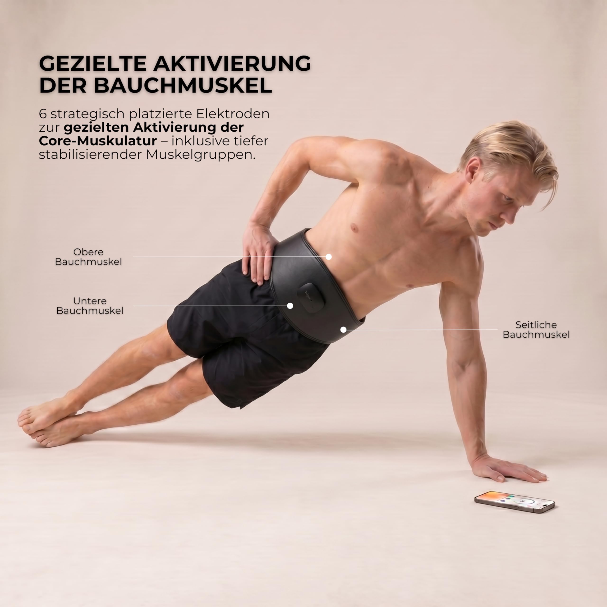 Vulpés Core EMS-Gürtel mit App – Bauchtraining & unterer Rücken, kontrollierte Muskelstimulation für effiziente Workouts und Regeneration (6 integrierte Elektroden, 8 Modi)