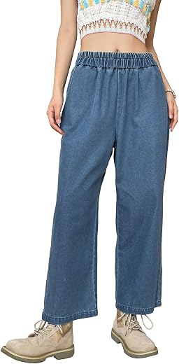 Sugathari Girl's &amp; Women's Denim Cotton Elastic Waist Cropped Straight Ankle Length Wide Leg Casual Baggy Jeans for Women,...