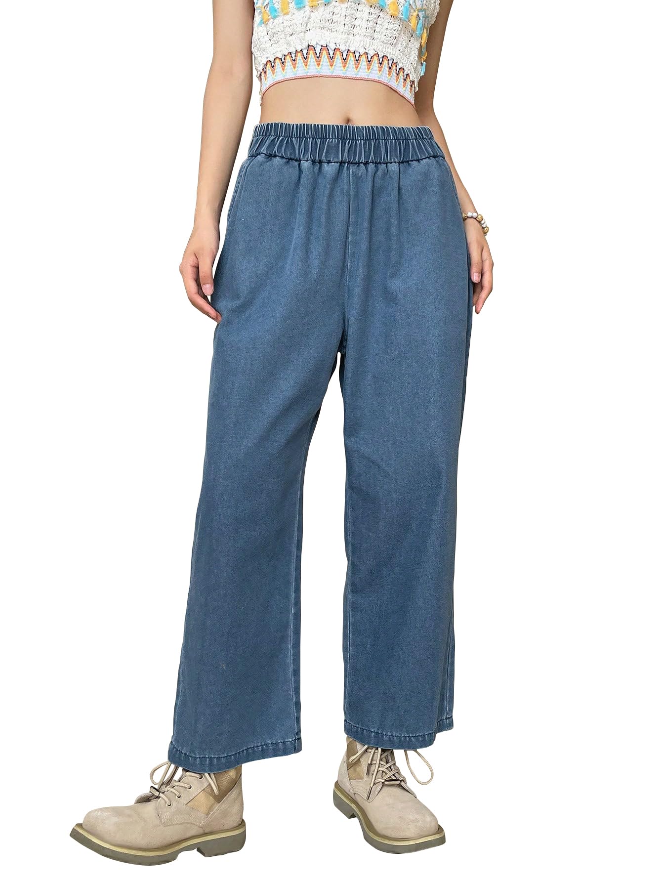 Shasmi Jeans in cotone per ragazze donne elastico in vita ritagliato dritto alla caviglia gamba larga casual vestibilità ampia jeans da donna (jeans 239)