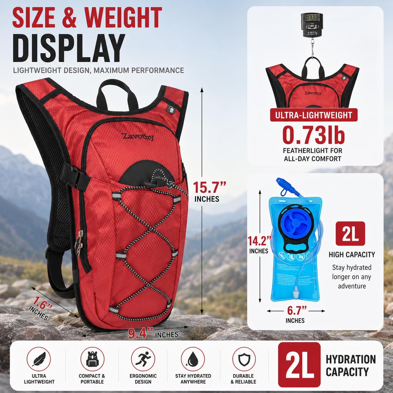 Zavothy Sac à dos d'hydratation avec poche d'hydratation de 2 L pour randonnée, sac d'hydratation pour course à pied, cyclisme, randonnée