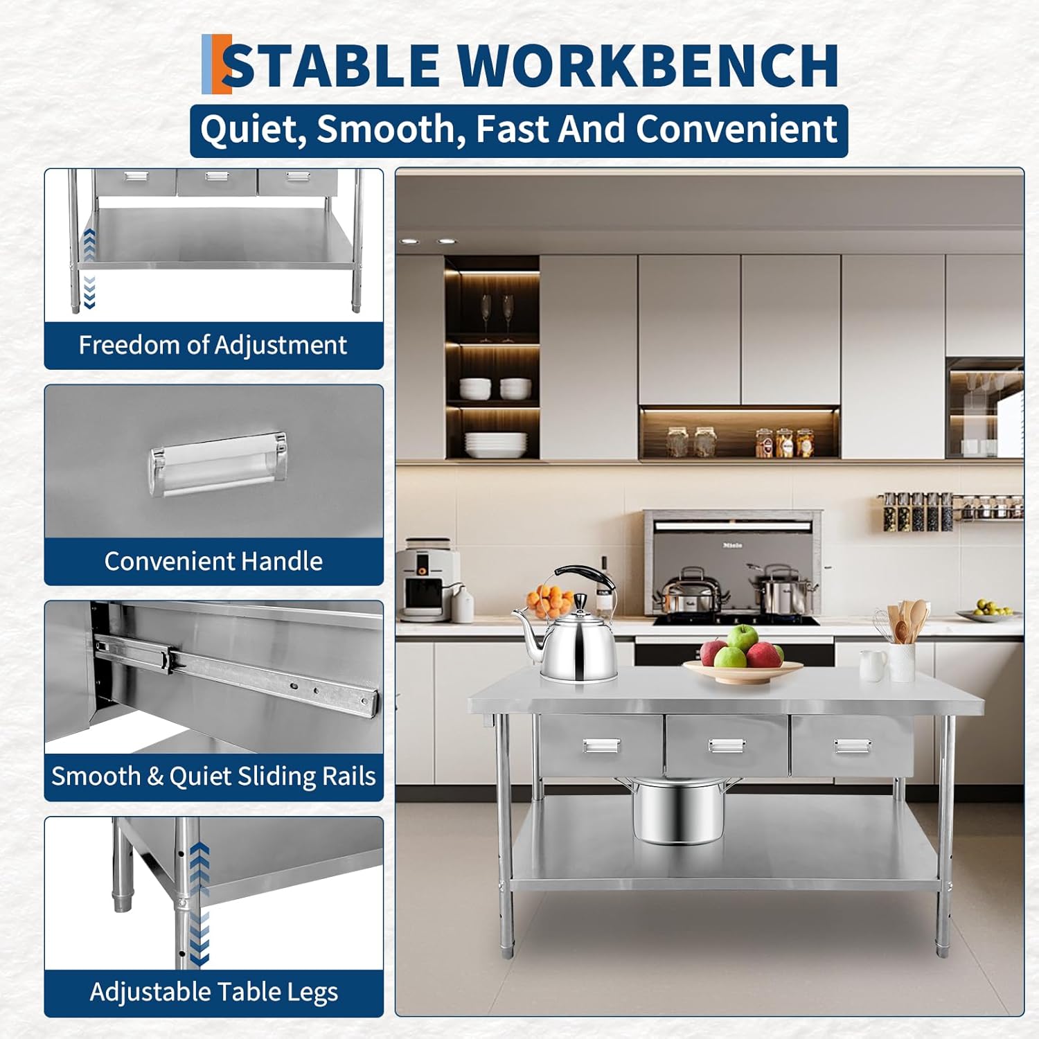 60" X 24" Stainless Steel Table with Drawers, NSF Work Table with Paper Towel Holder, Metal Table Prep Table for Commercial Kitchen Restaurant Garage Warehouse