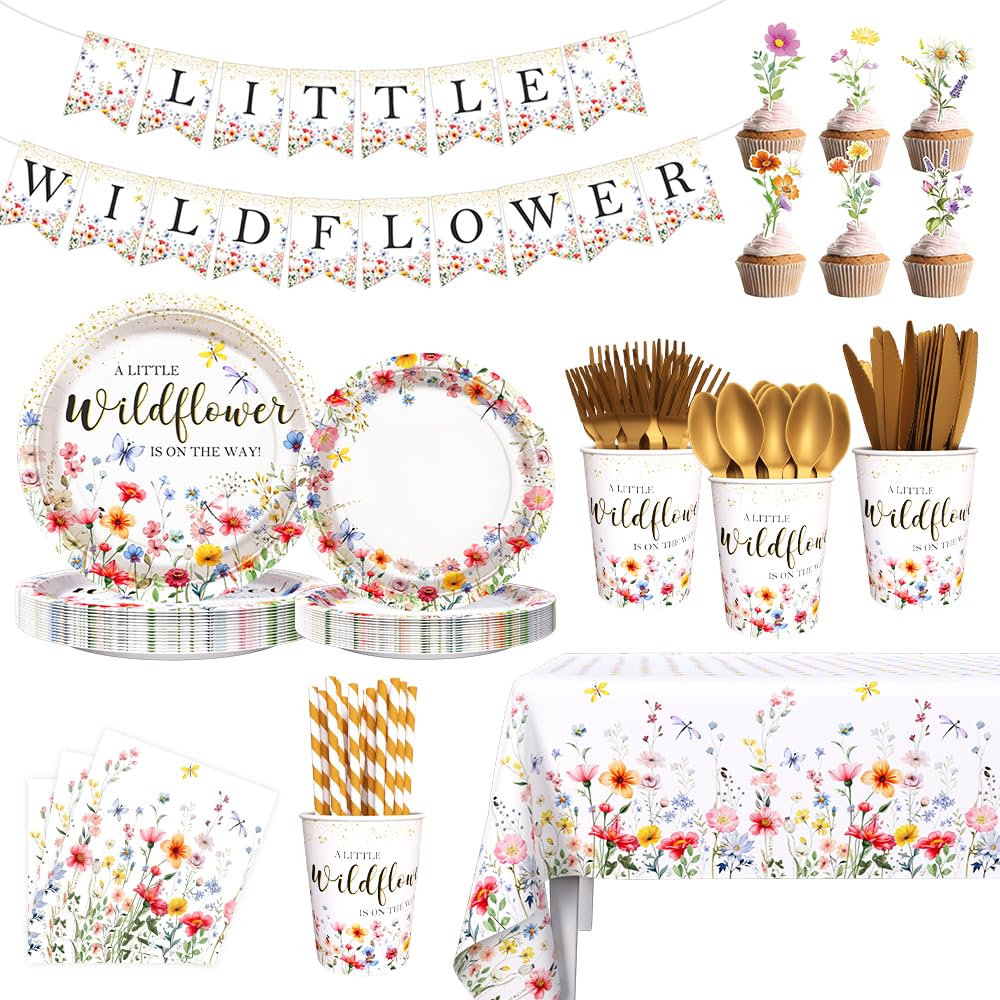AIBIIN 218Pcs Wildflower Baby Shower Decorations for Girls, Wildflower Party Decorations Include Plates Cup Napkin Tablecloth Tableware Banner Cupcake Topper Wildflower Baby Shower Party Supplies