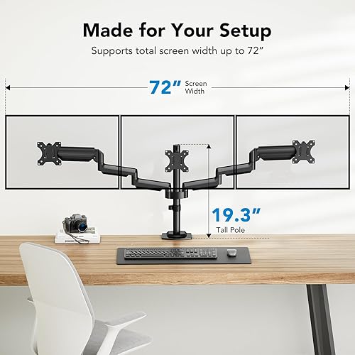 Miniatura 5 de HUANUO Soporte de monitor triple para pantallas de computadora de 13 a 27 pulgadas, soporte de escritorio para 3 monitores con brazo con capacidad